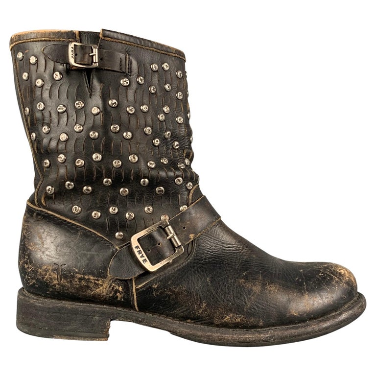 FRYE Size 11 Black Leather Distressed Studded Ankle Boots For Sale at