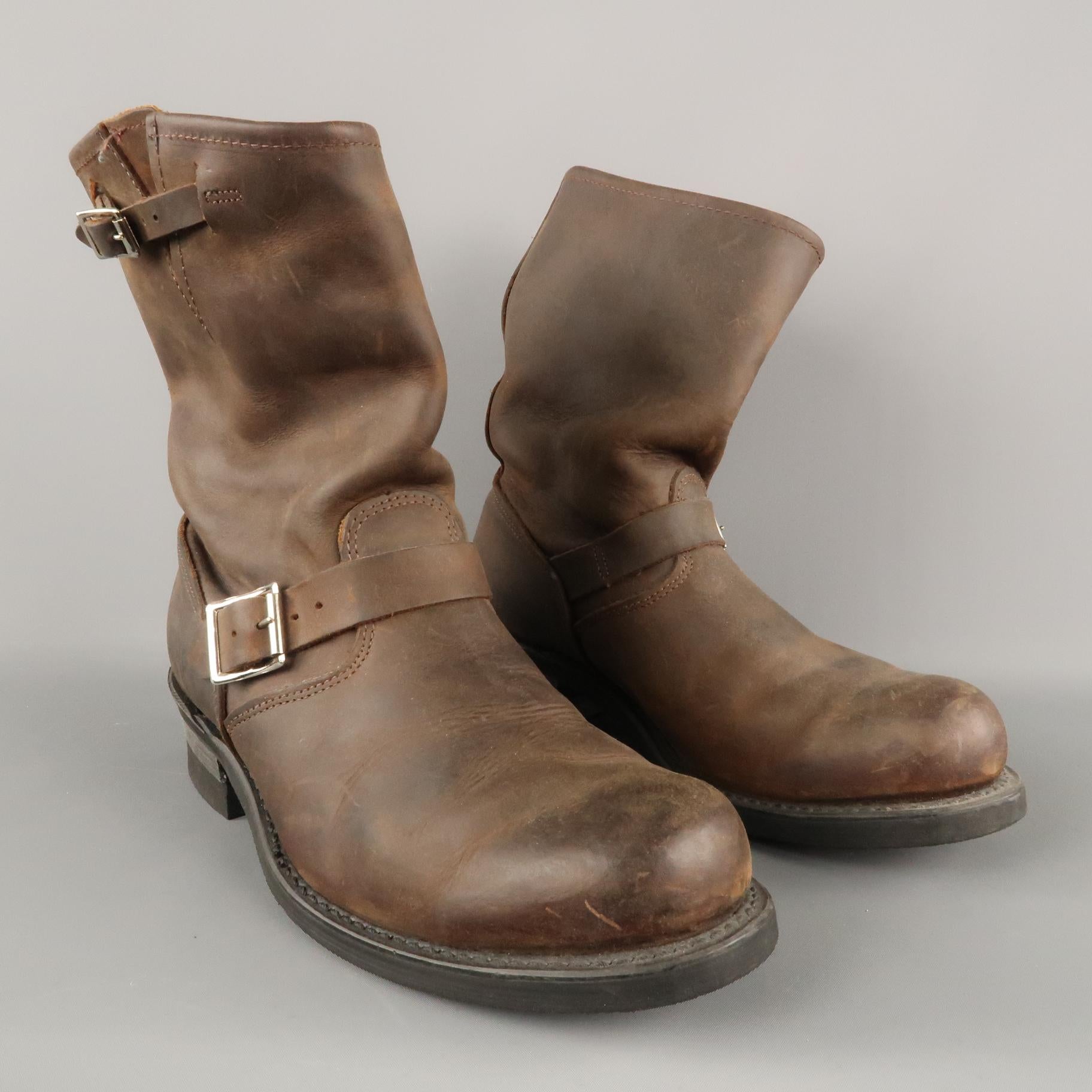 FRYE Biker Boots comes in a brown tone in a solid leather material, with a round toe, a double buckle and straps, in an 