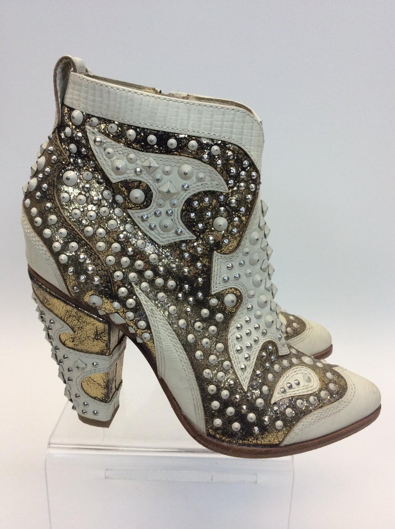 Frye White Leather Beaded Ankle Boots For Sale at 1stDibs