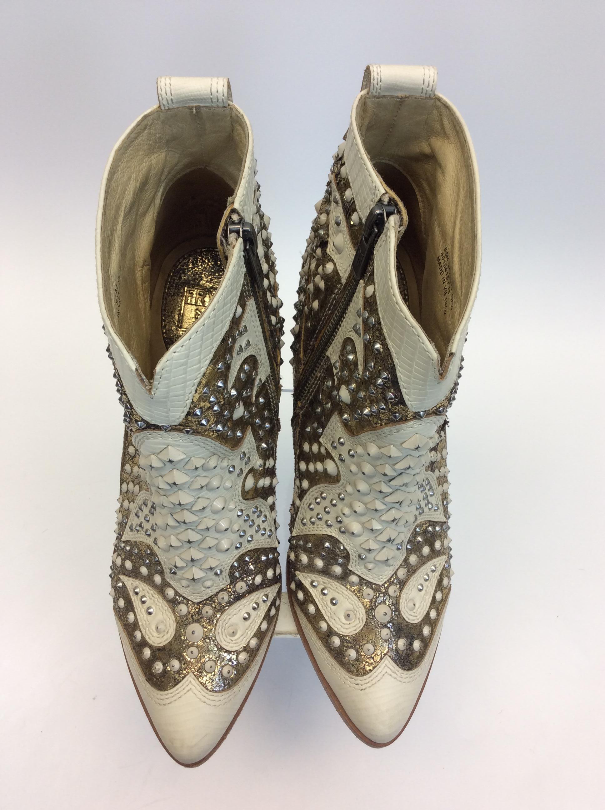 Gray Frye White Leather Beaded Ankle Boots For Sale