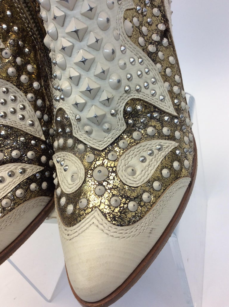 Frye White Leather Beaded Ankle Boots For Sale at 1stDibs