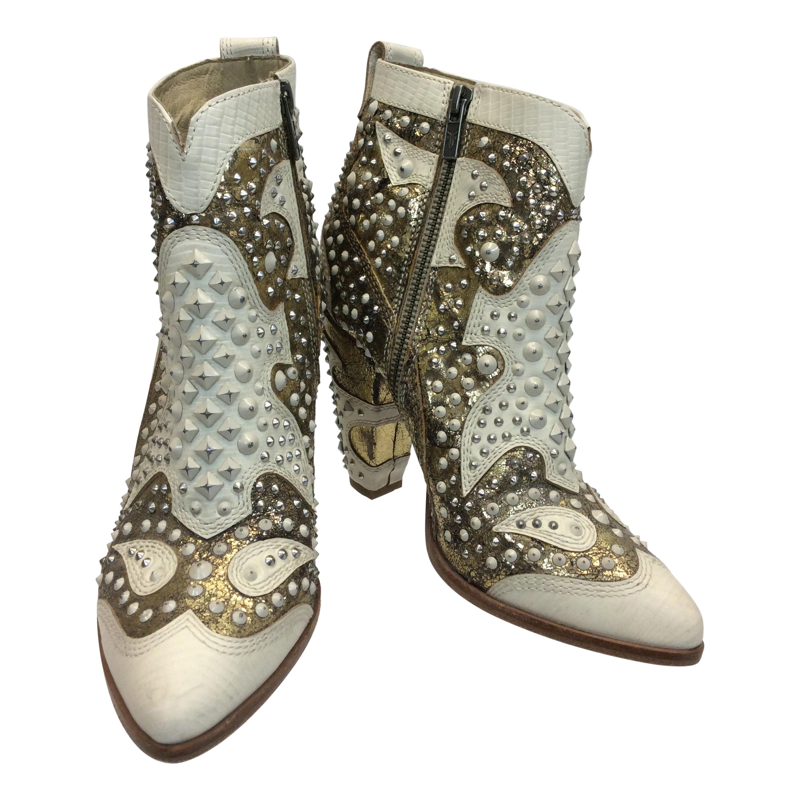 Frye White Leather Beaded Ankle Boots For Sale