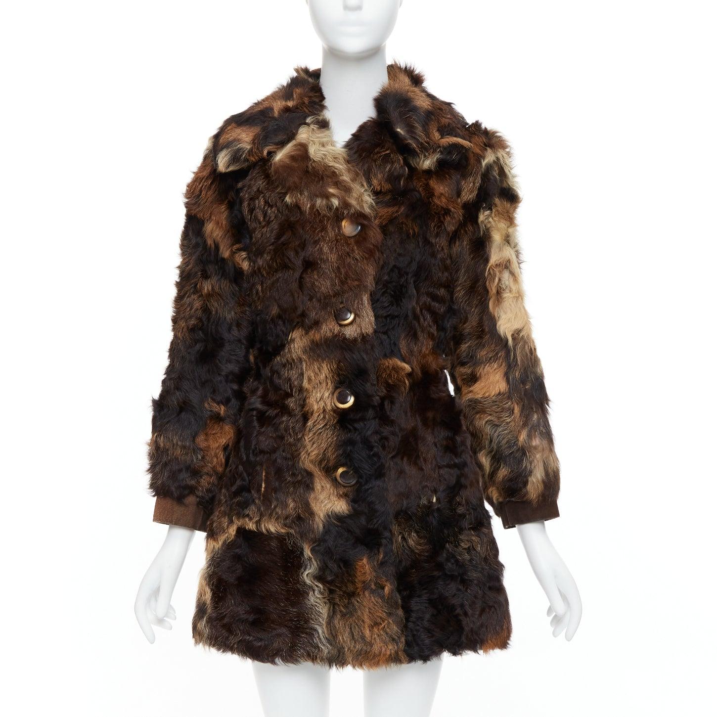 Black FRYLANE PARIS mixed texture brown genuine fur large button front leather coat For Sale