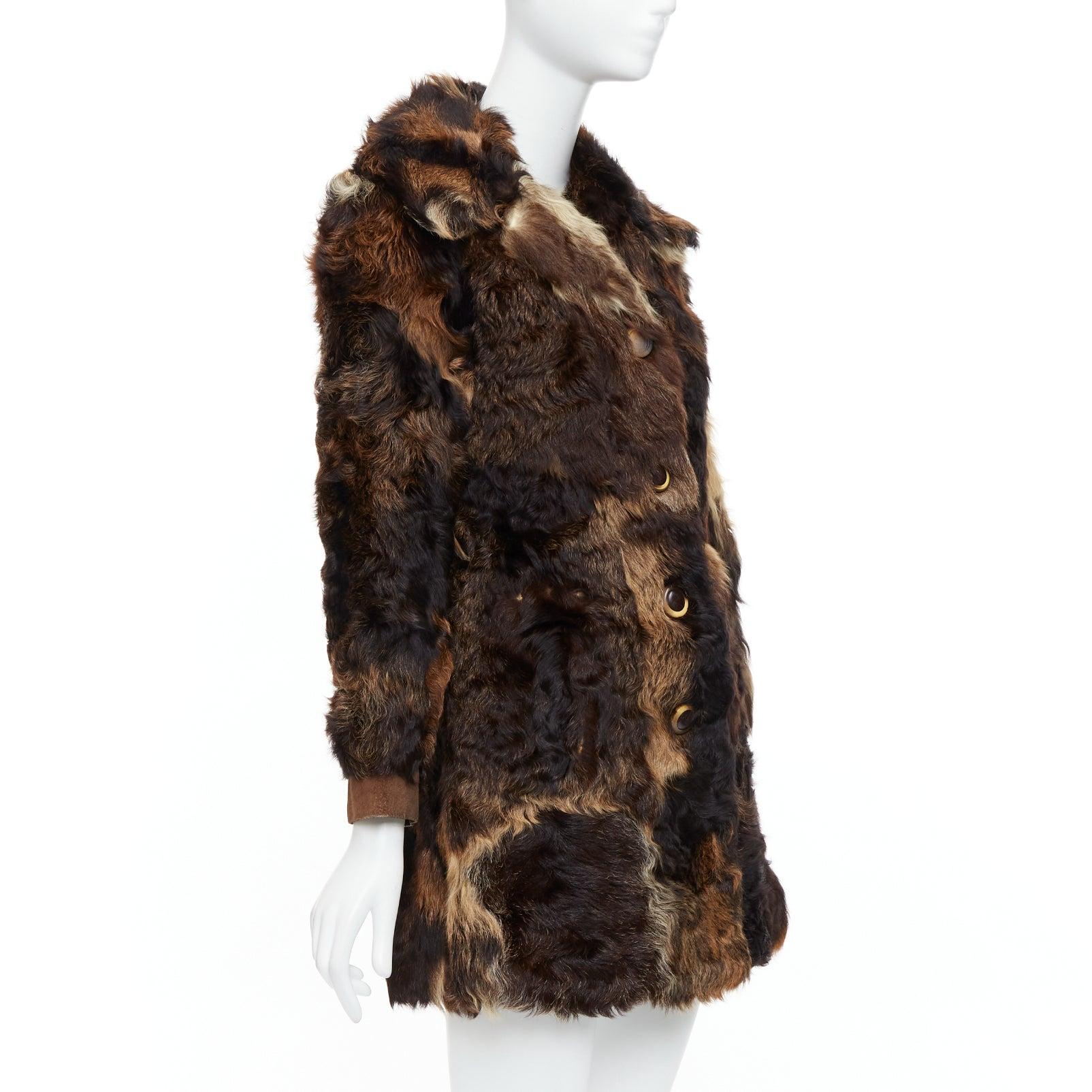 FRYLANE PARIS mixed texture brown genuine fur large button front leather coat In Fair Condition For Sale In Hong Kong, NT