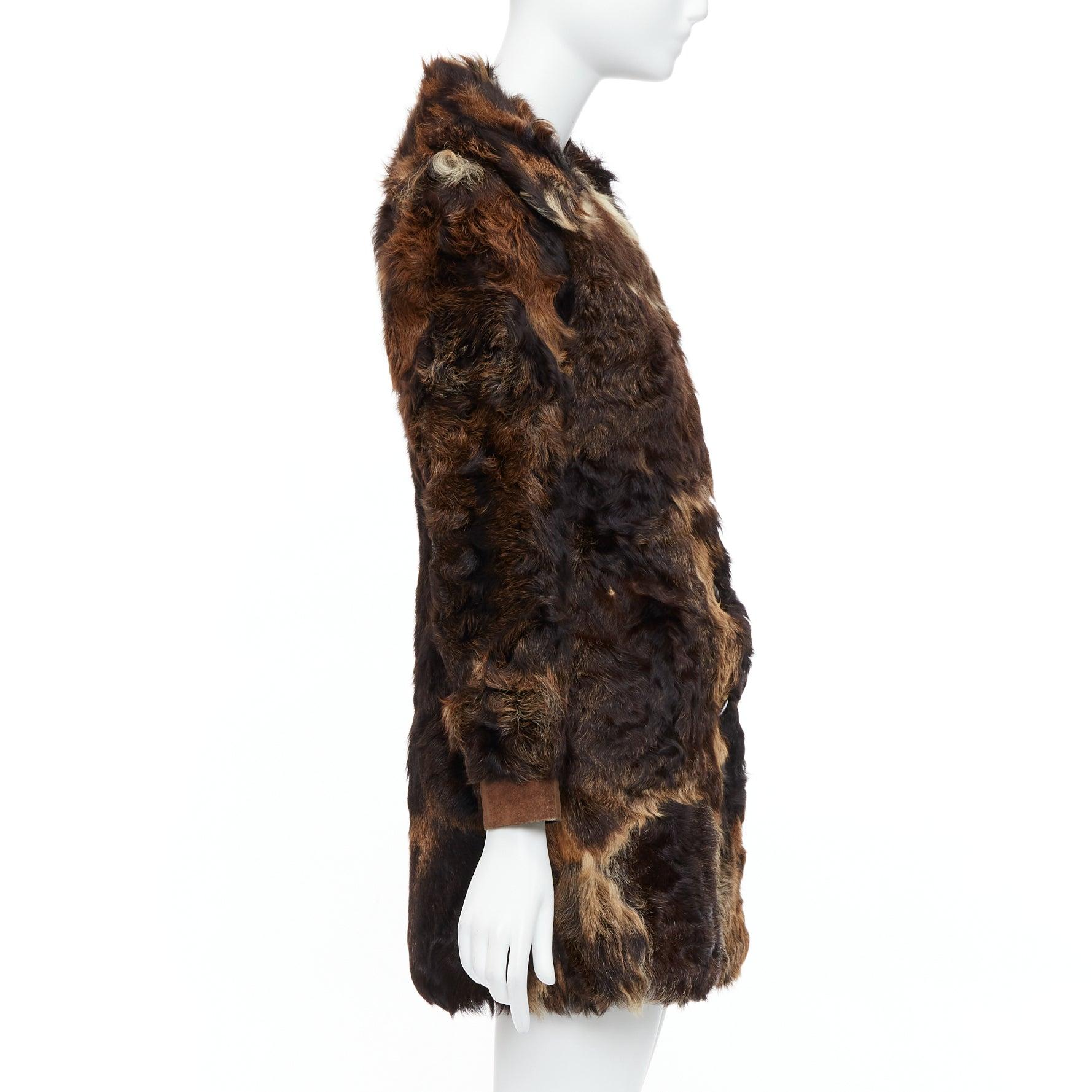 Women's FRYLANE PARIS mixed texture brown genuine fur large button front leather coat For Sale