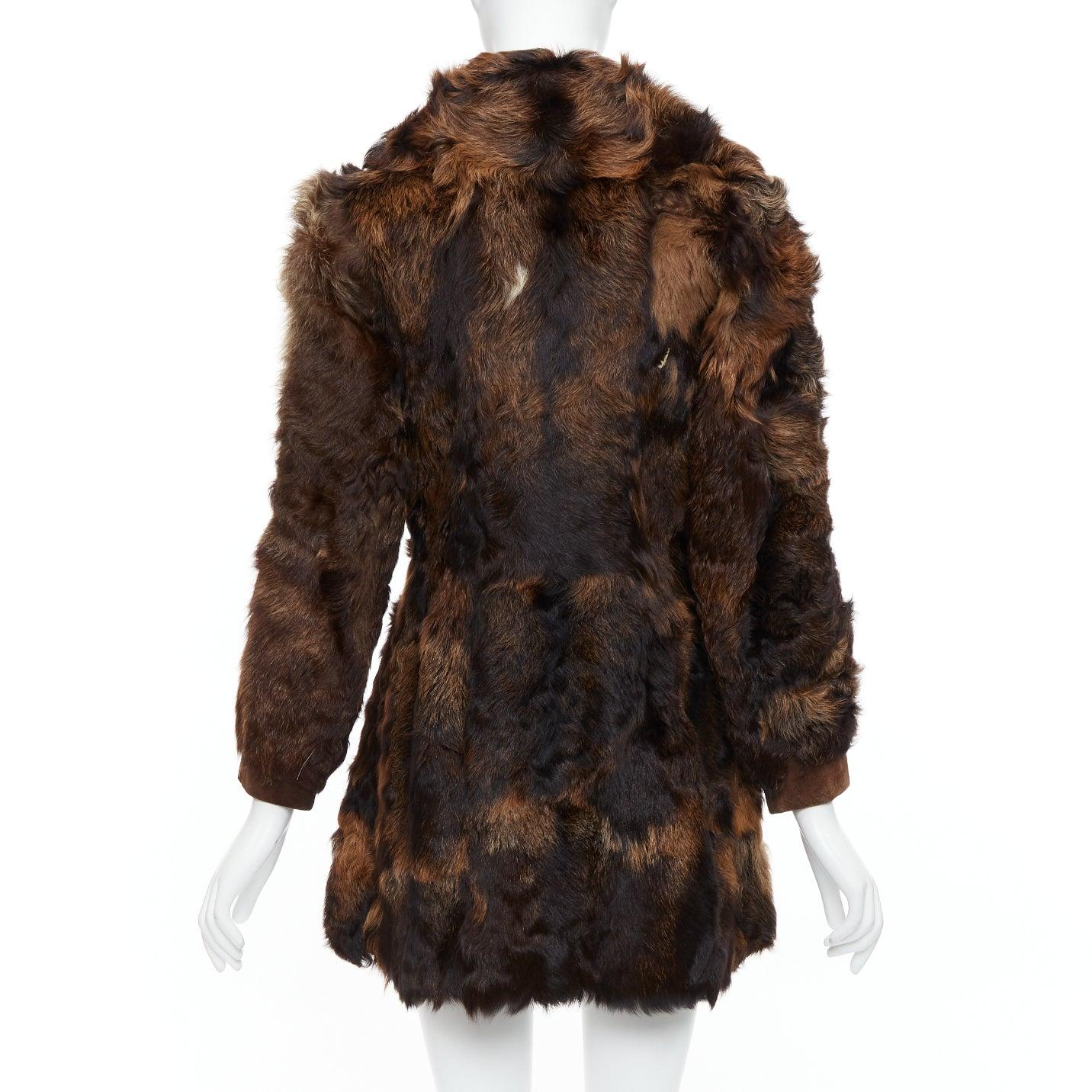 FRYLANE PARIS mixed texture brown genuine fur large button front leather coat For Sale 1