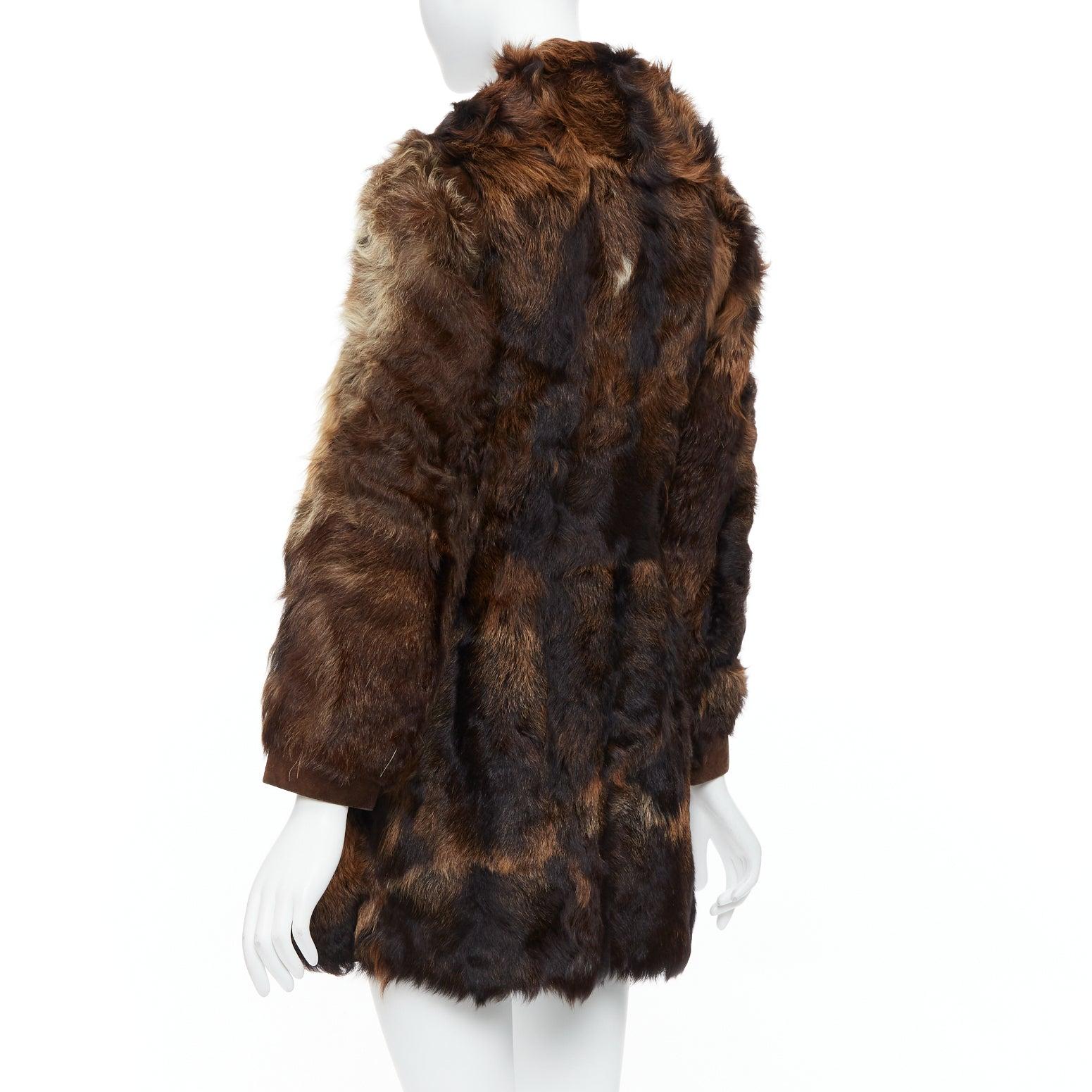 FRYLANE PARIS mixed texture brown genuine fur large button front leather coat For Sale 2
