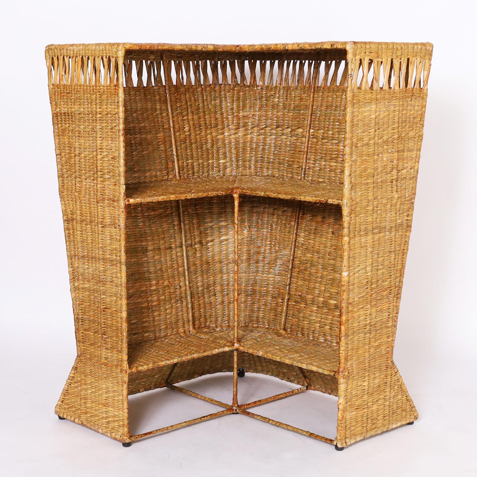Mexican FS Flores Collection Midcentury Style Tropical Woven Reed Bar  For Sale