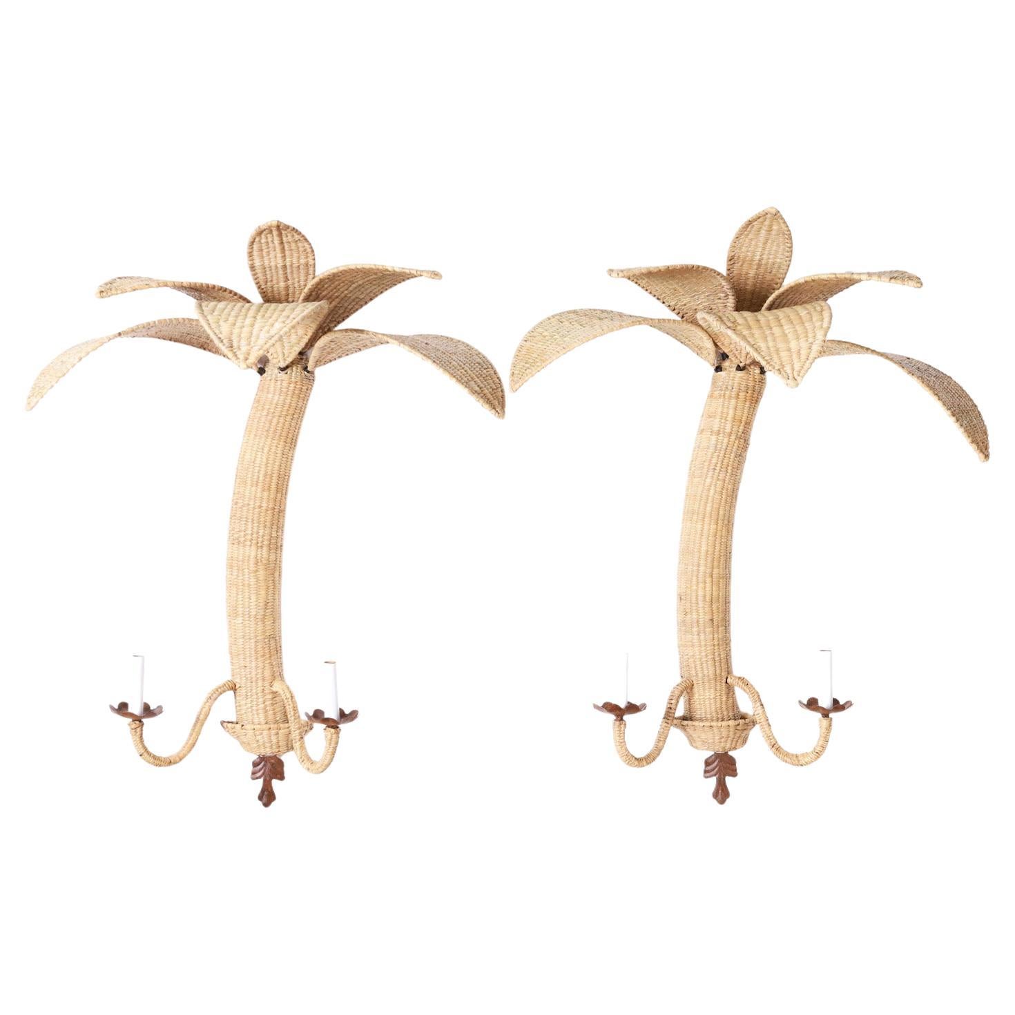 FS Flores Collection Pair of Woven Reed Palm Sconces