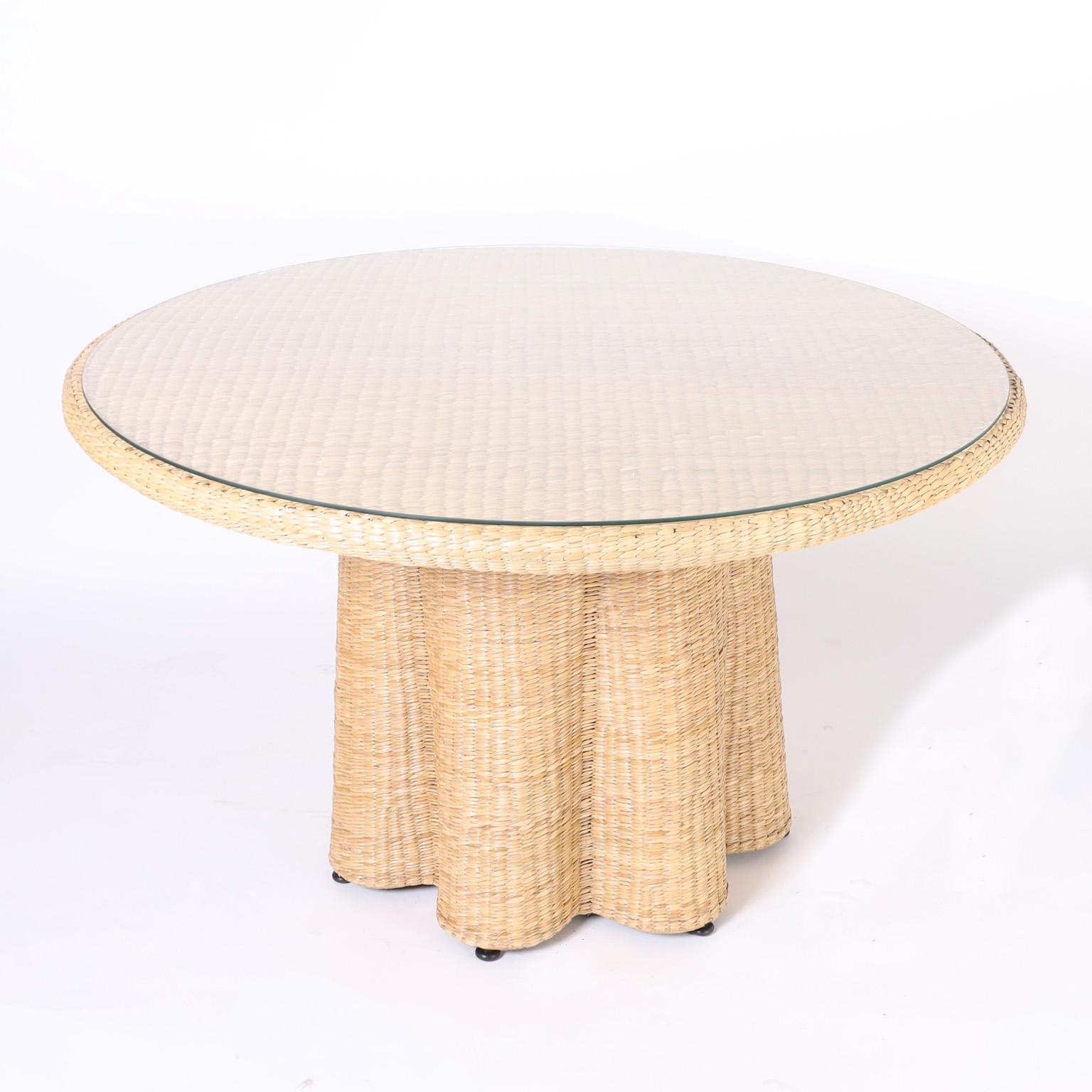 Mid-Century Modern FS Flores Collection Wicker Dining Table with a Ghost Drapery Base