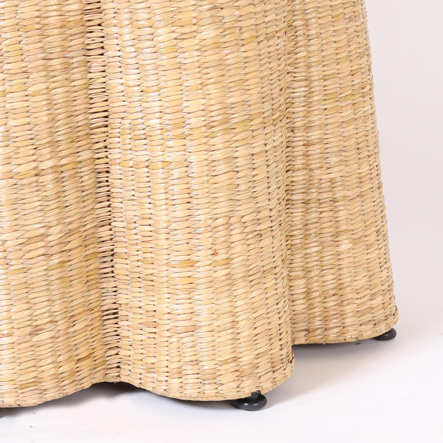 Metal FS Flores Collection Wicker Dining Table with a Ghost Drapery Base