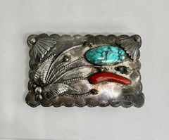 F.S. Signed Navajo Native American Turquoise Coral Buckle Sterling Silver