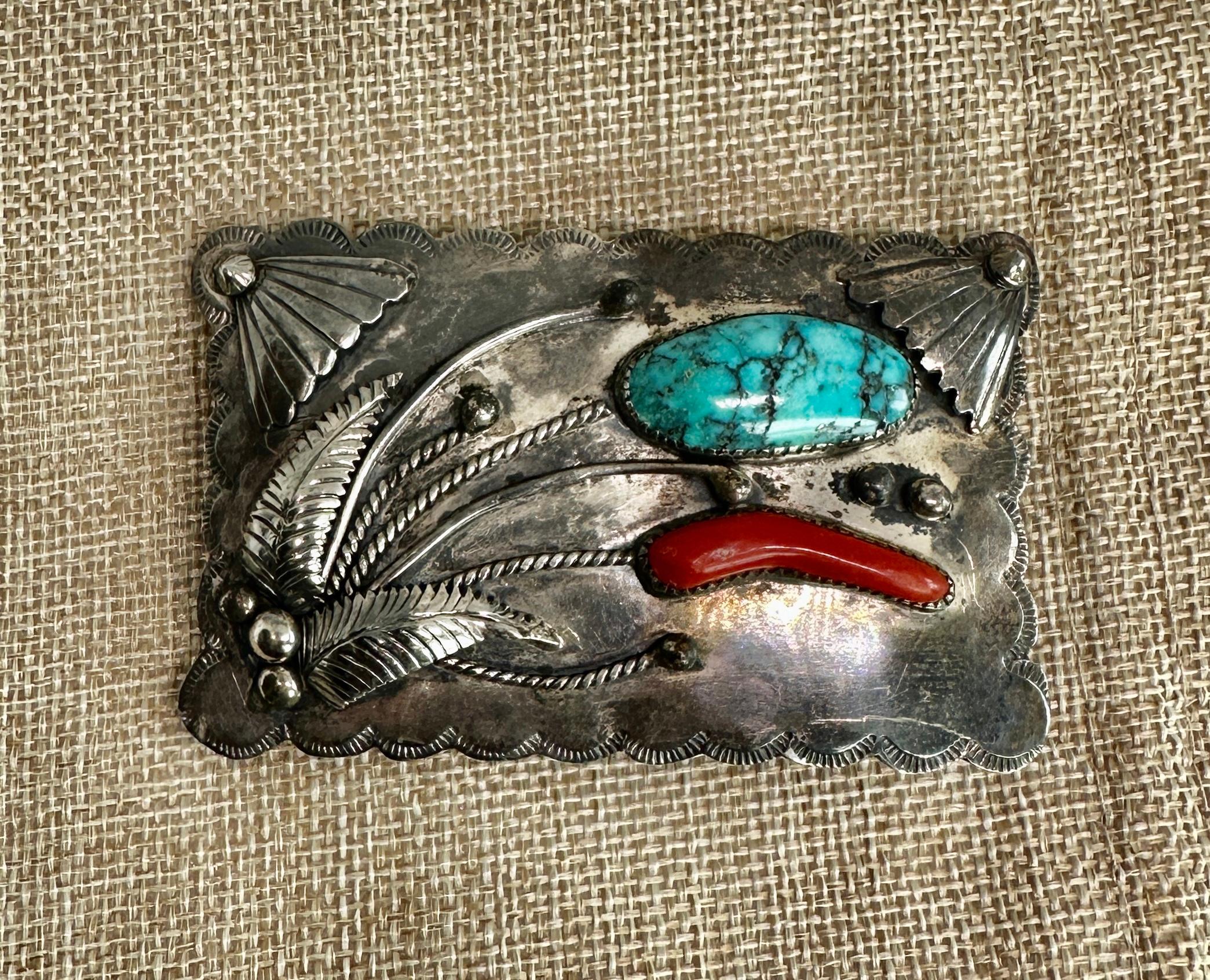 Amérindien F.S. Navajo Signed Native American Turquoise Coral Buckle Sterling Silver en vente
