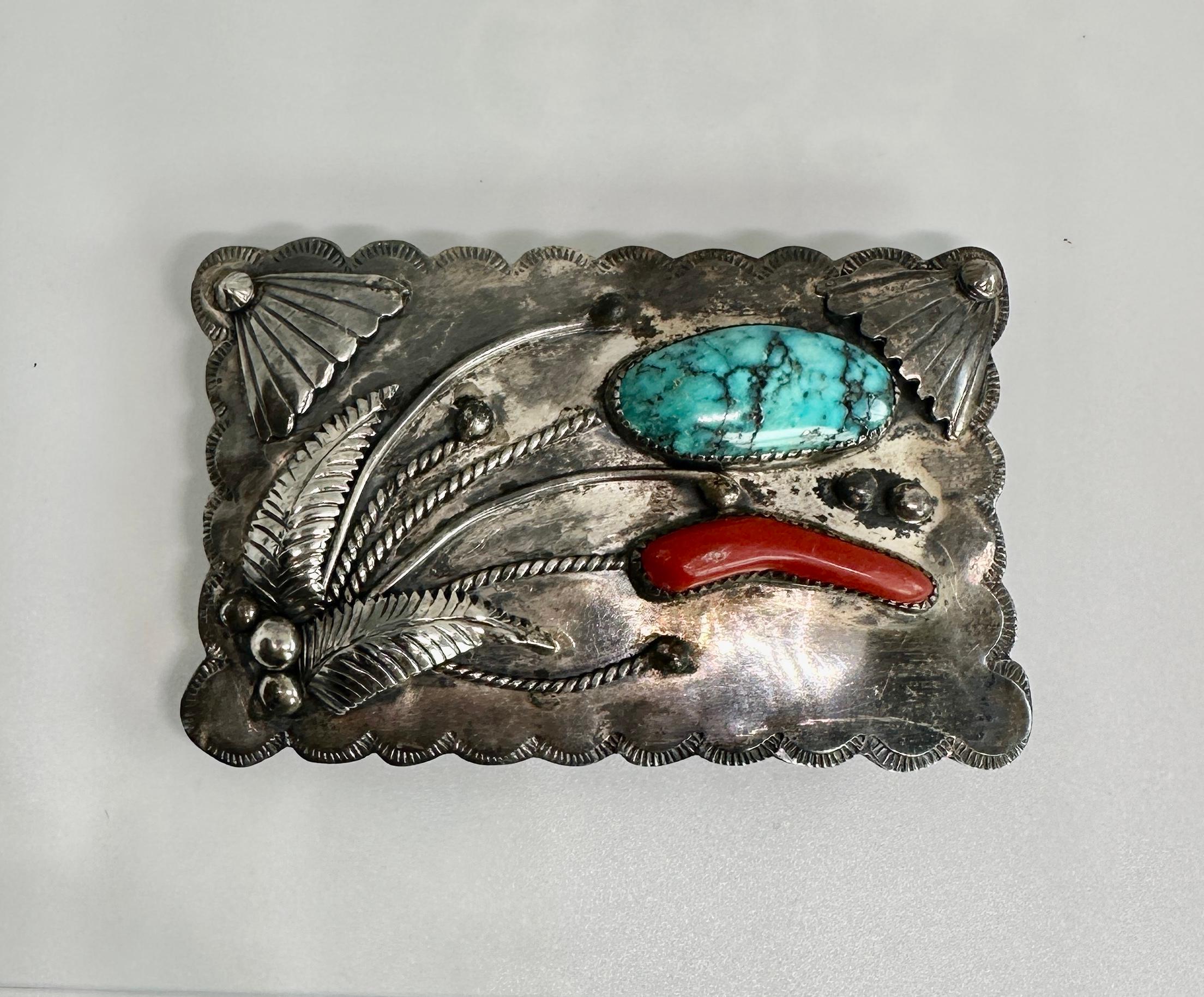 Taille cabochon F.S. Navajo Signed Native American Turquoise Coral Buckle Sterling Silver en vente