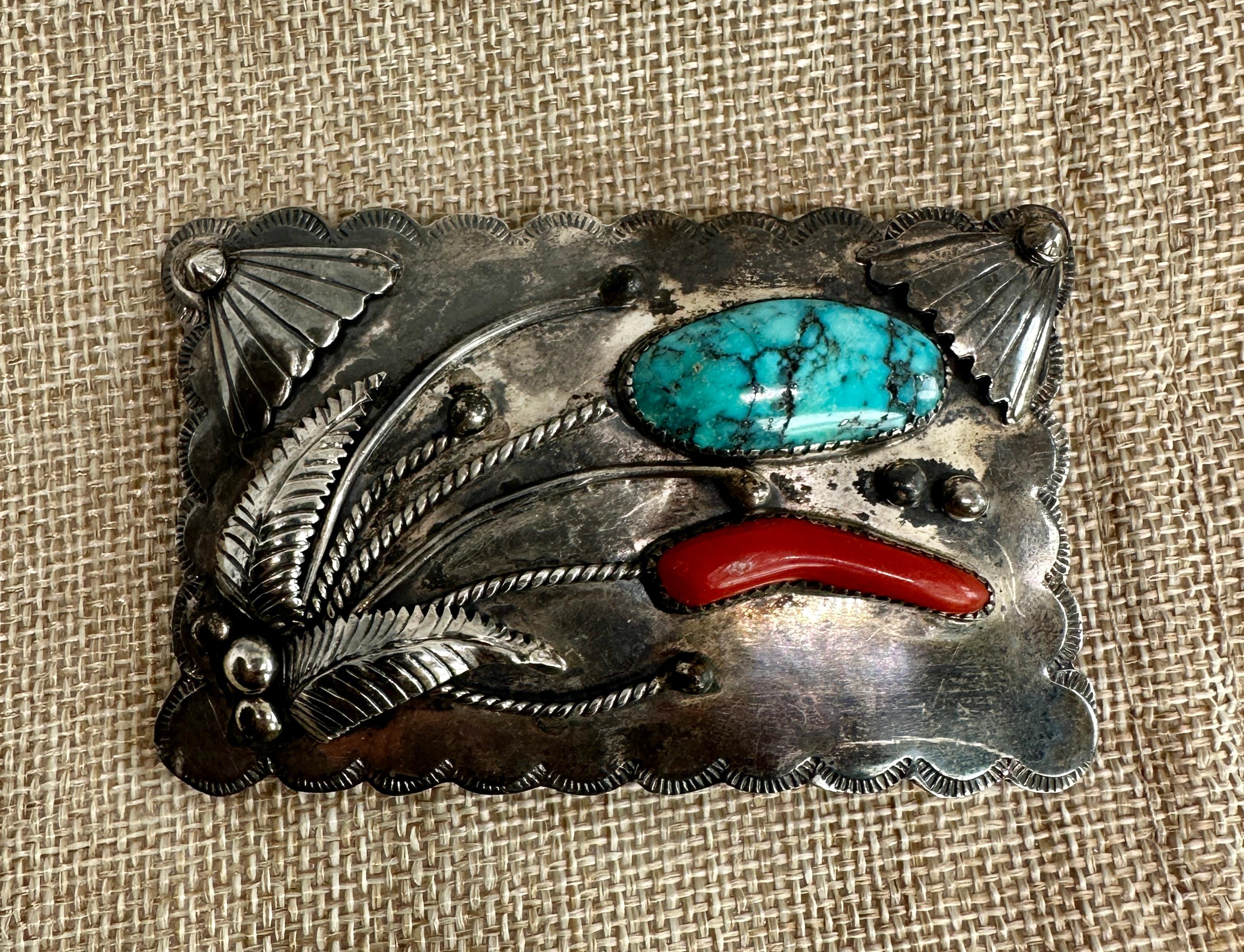 F.S. Navajo Signed Native American Turquoise Coral Buckle Sterling Silver Unisexe en vente