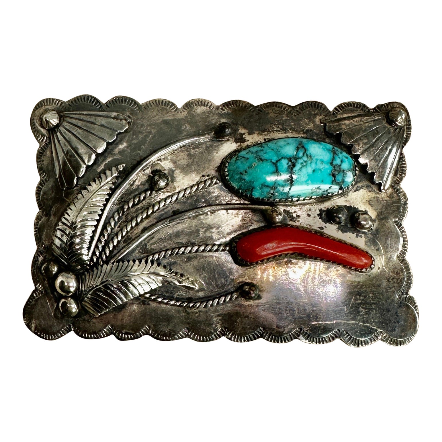 F.S. Navajo Signed Native American Turquoise Coral Buckle Sterling Silver en vente