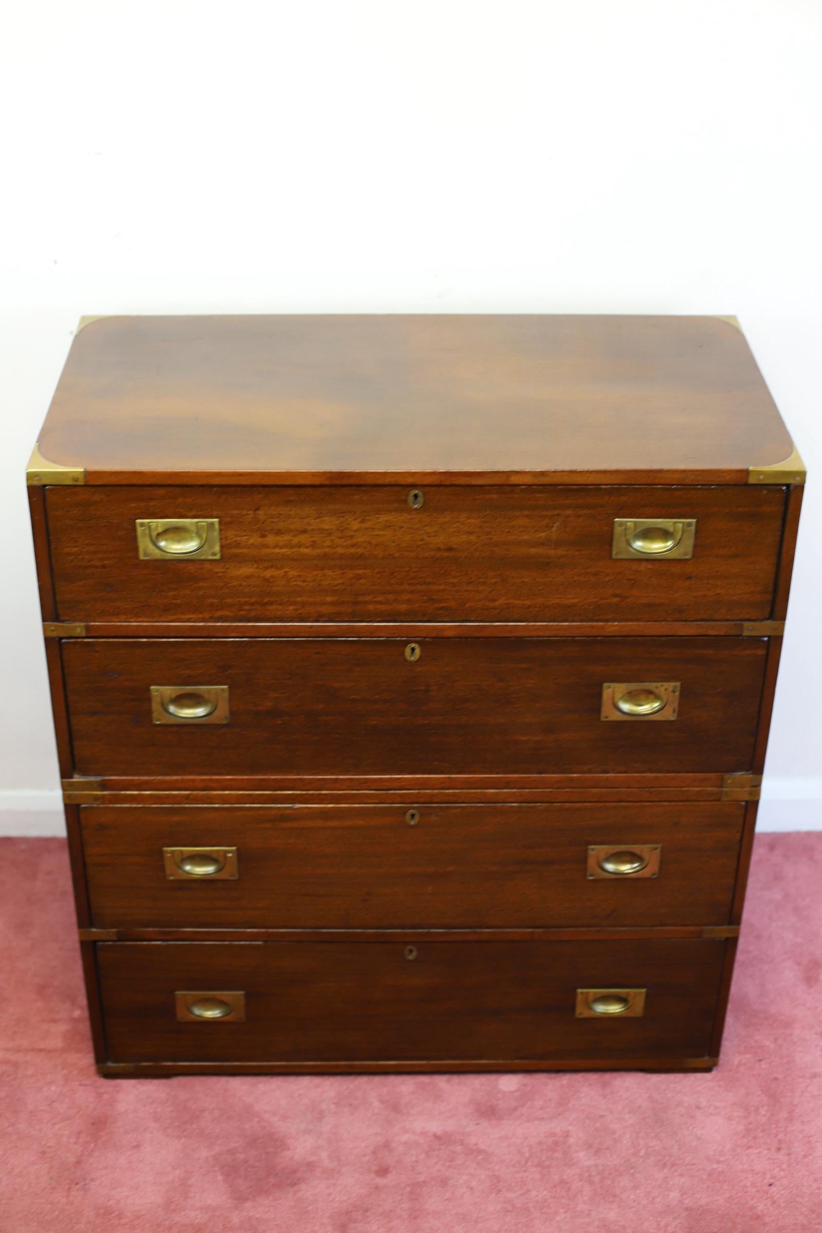 British F.Sage&Co London Beautiful English Oak Military Campaign Chest Of Drawers  For Sale