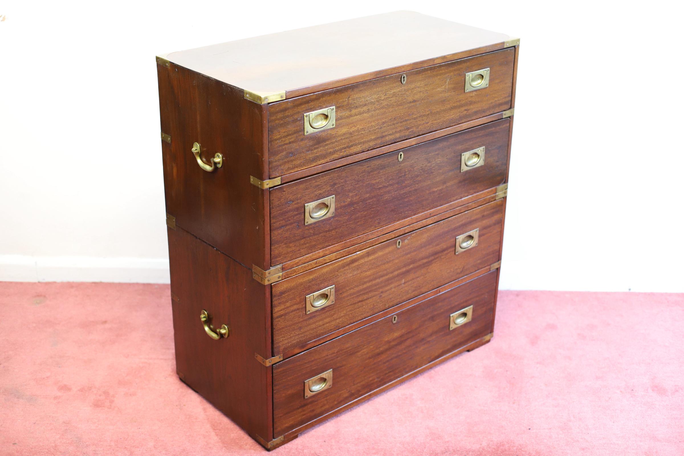 Brass F.Sage&Co London Beautiful English Oak Military Campaign Chest Of Drawers  For Sale