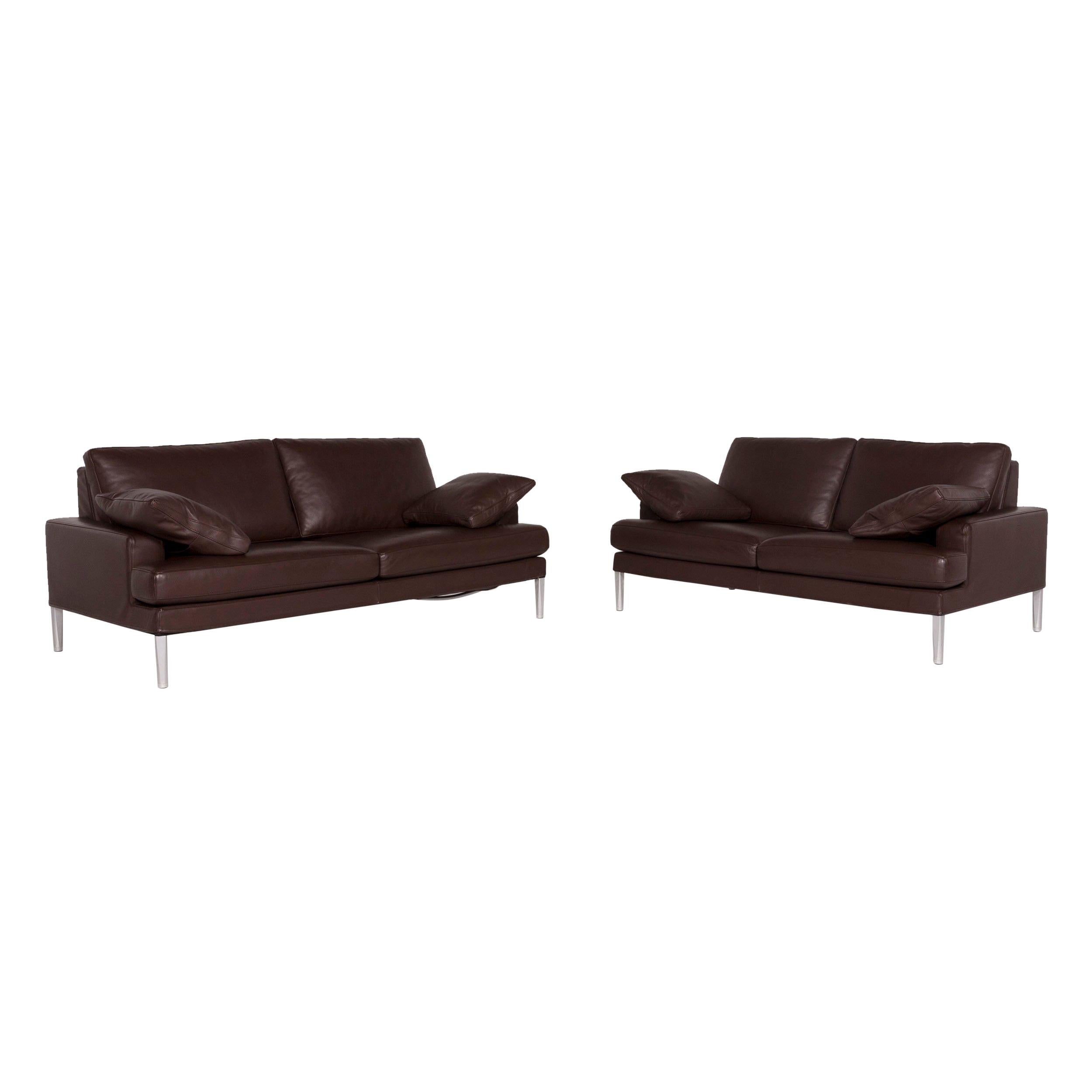 FSM Clarus Leather Sofa Set Brown Dark Brown 1 Three-Seat 1 Two-Seat For Sale