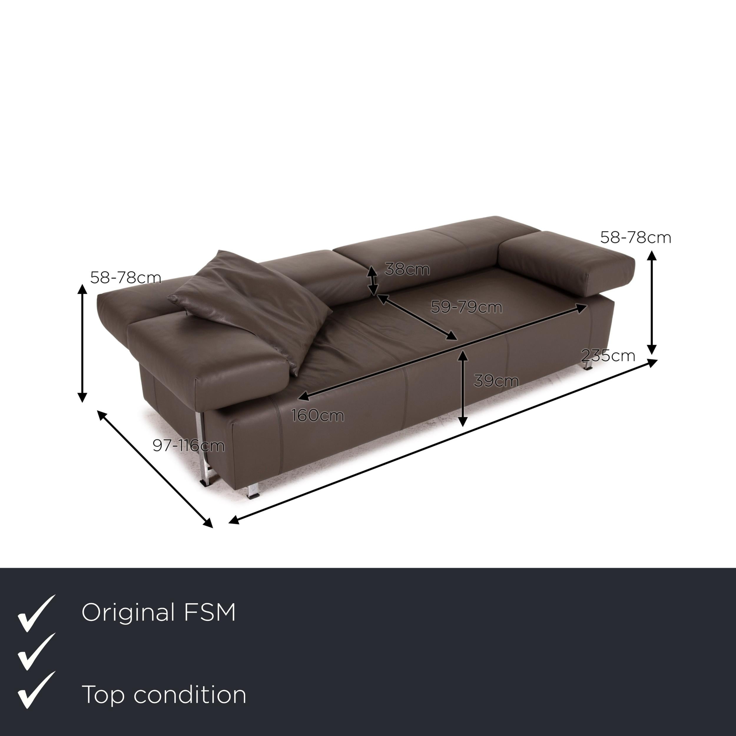 We present to you a FSM Velas leather sofa gray three-seater function couch.

Product measurements in centimeters:

Depth 97
Width 235
Height 58
Seat height 39
Rest height 58
Seat depth 59
Seat width 160
Back height 38.
 
  
  