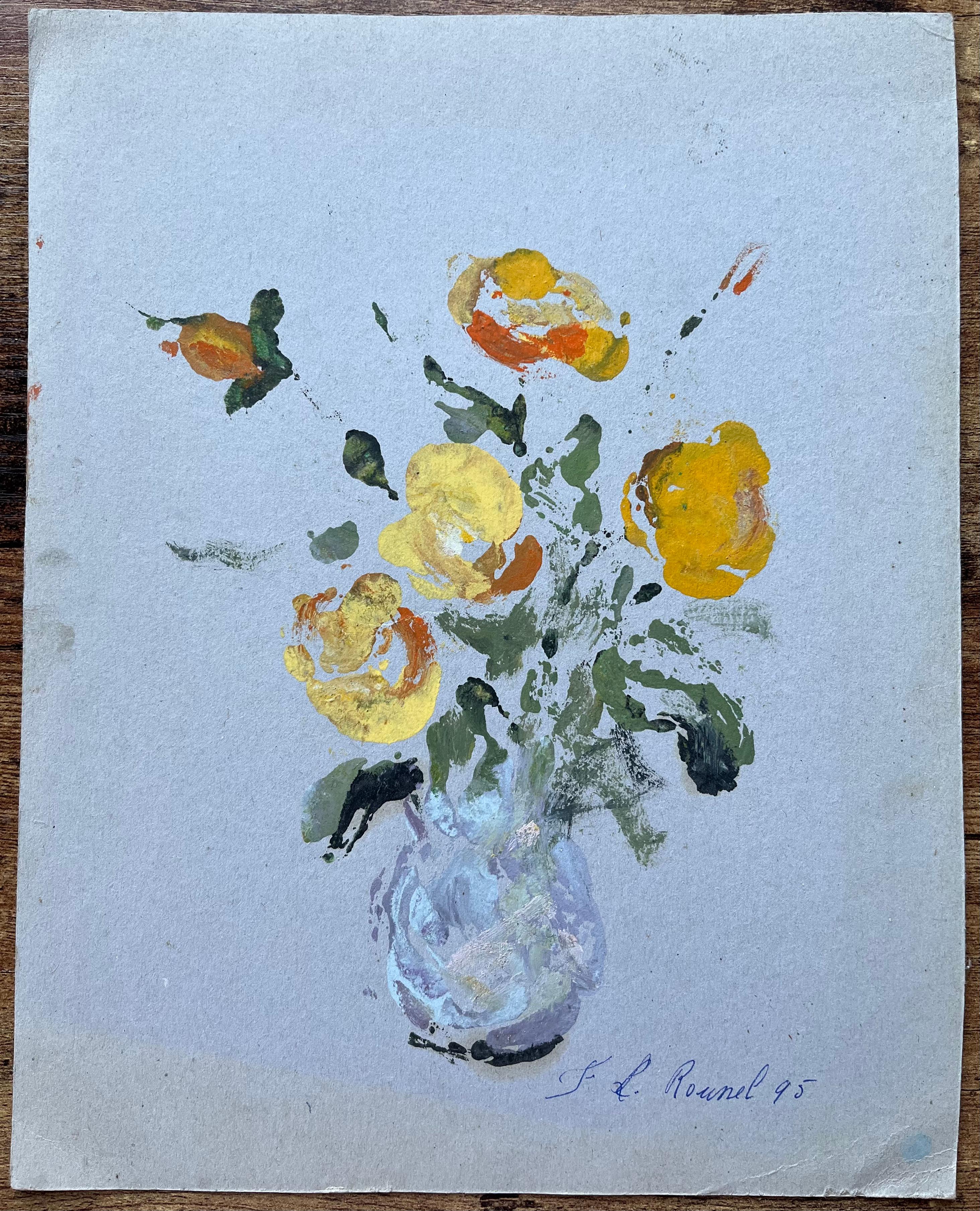 Expressionistisches Stillleben mit gelben und orangefarbenen Blumen in Vase – Painting von F.T Roussel