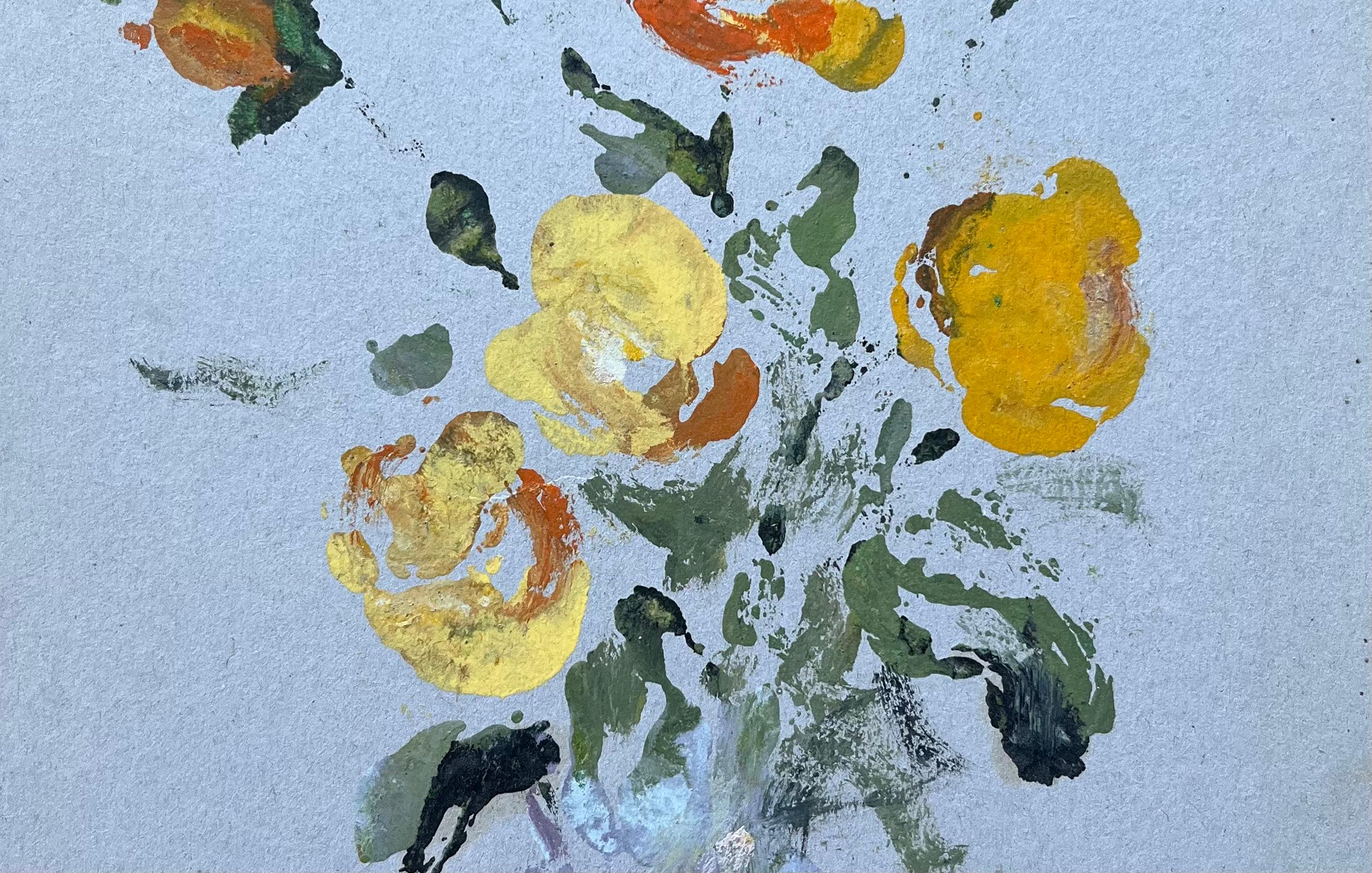 Expressionistisches Stillleben mit gelben und orangefarbenen Blumen in Vase (Impressionismus), Painting, von F.T Roussel