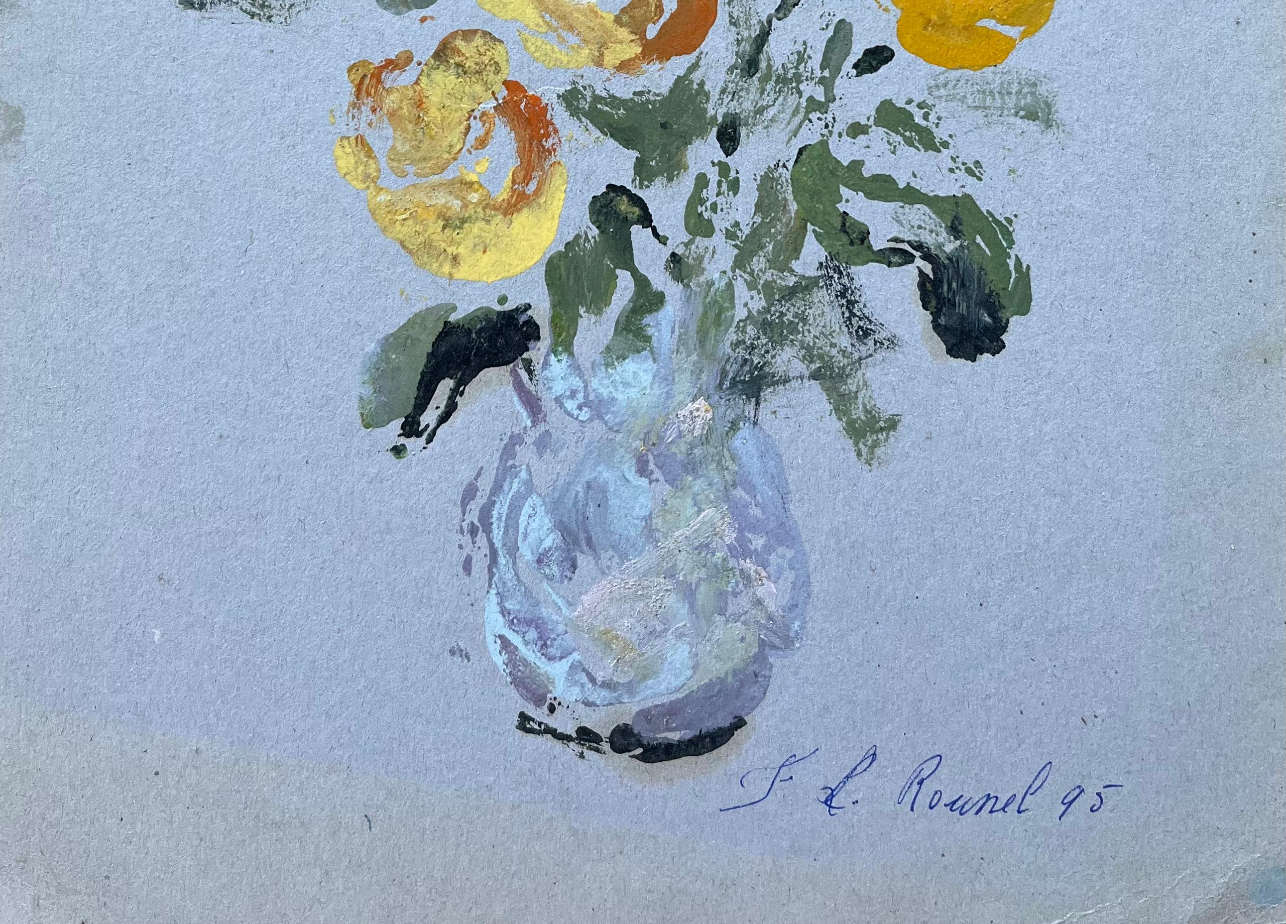 Titel: Ausdrucksstarkes Stillleben mit gelben und orangefarbenen Blumen in einer Vase
Von F.T. Roussel
Unterzeichnet: ja
Größe: 11,5 x 9,25 Zoll (Höhe x Breite)
Ölgemälde auf Papier, ungerahmt
Zustand: Das Gemälde ist in gutem Zustand mit