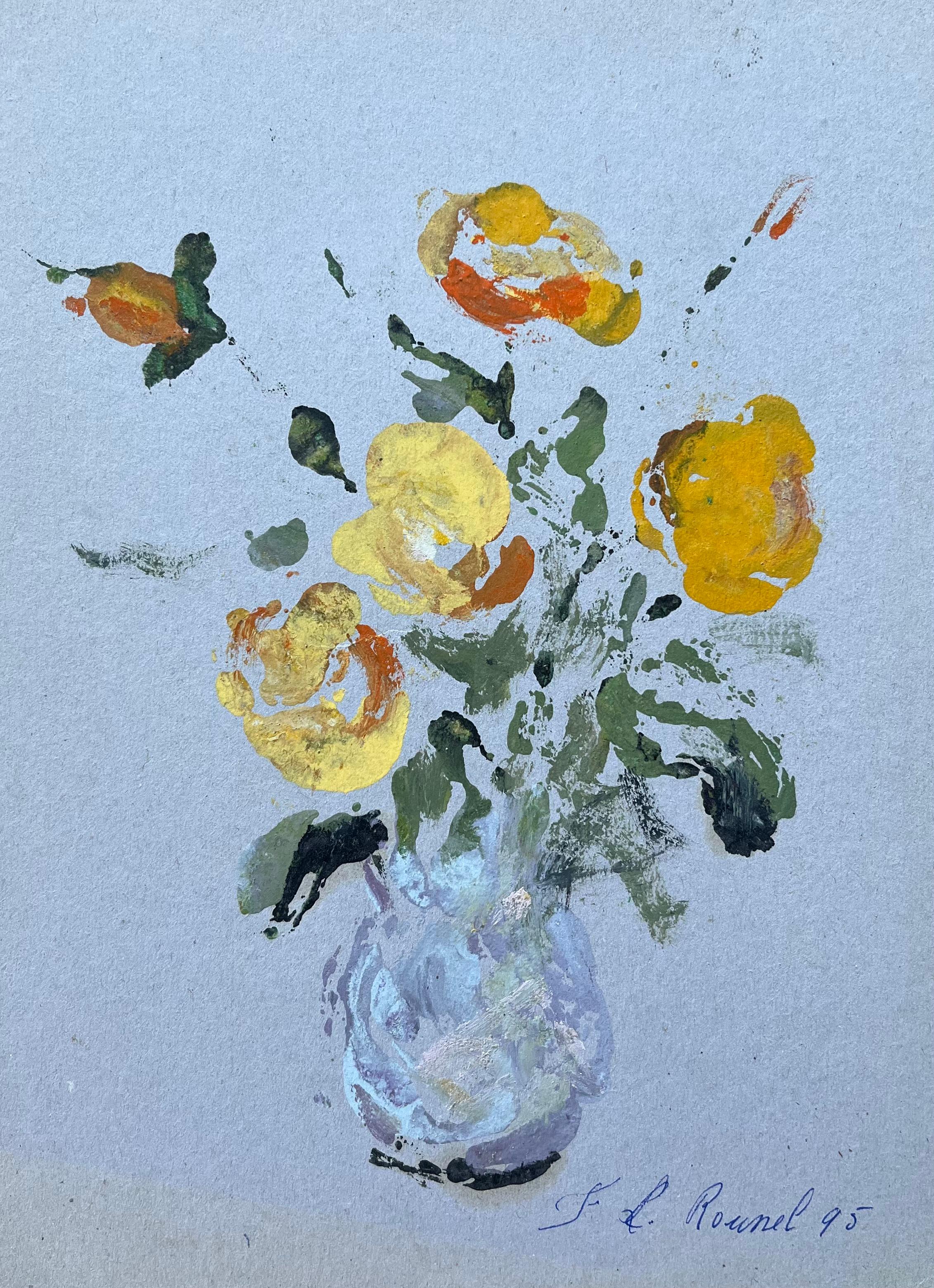 F.T Roussel Figurative Painting – Expressionistisches Stillleben mit gelben und orangefarbenen Blumen in Vase