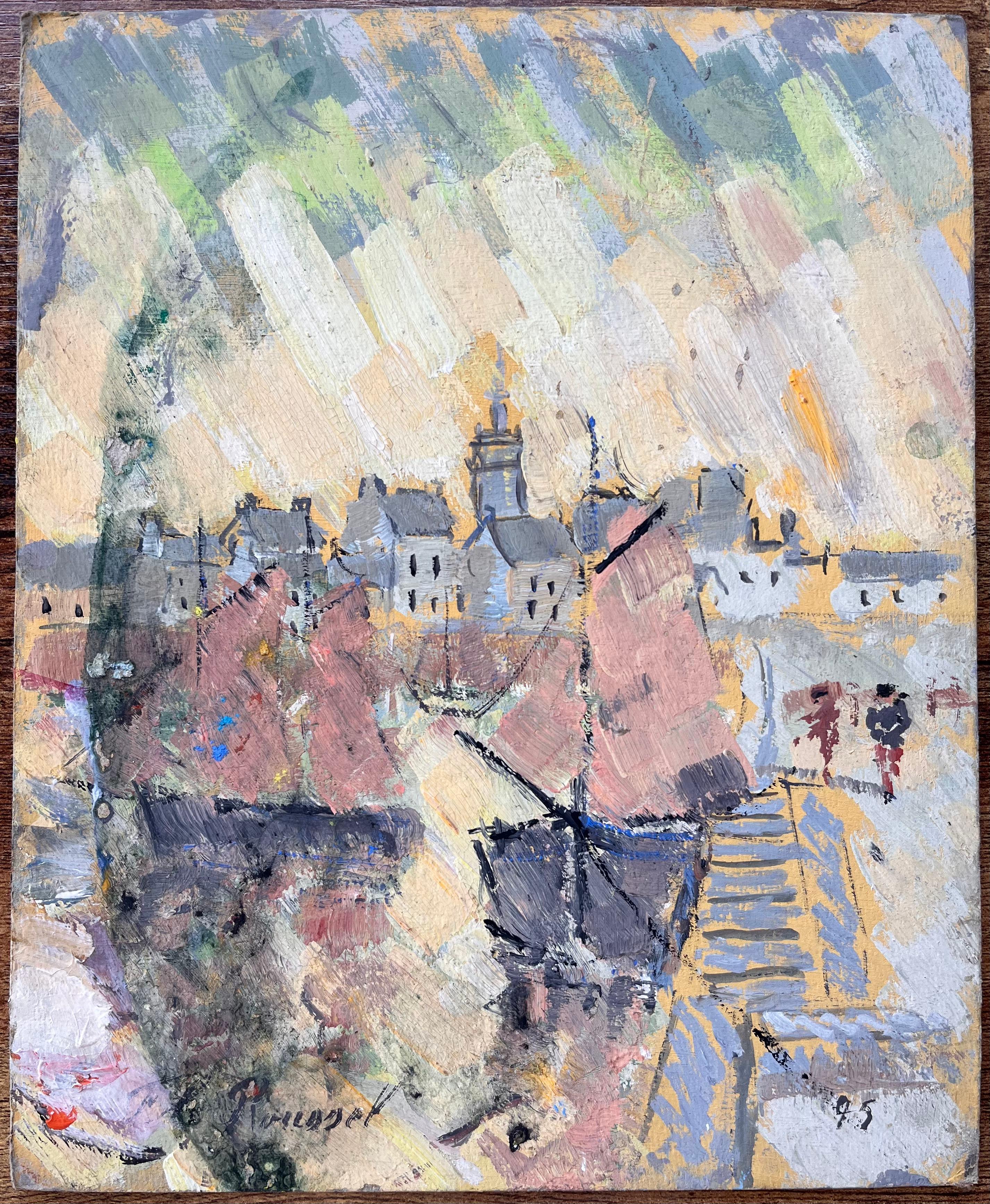 Scène portuaire abstraite française encadrée de bateaux à voile et d'une architecture de Townes classique - Painting de F.T Roussel