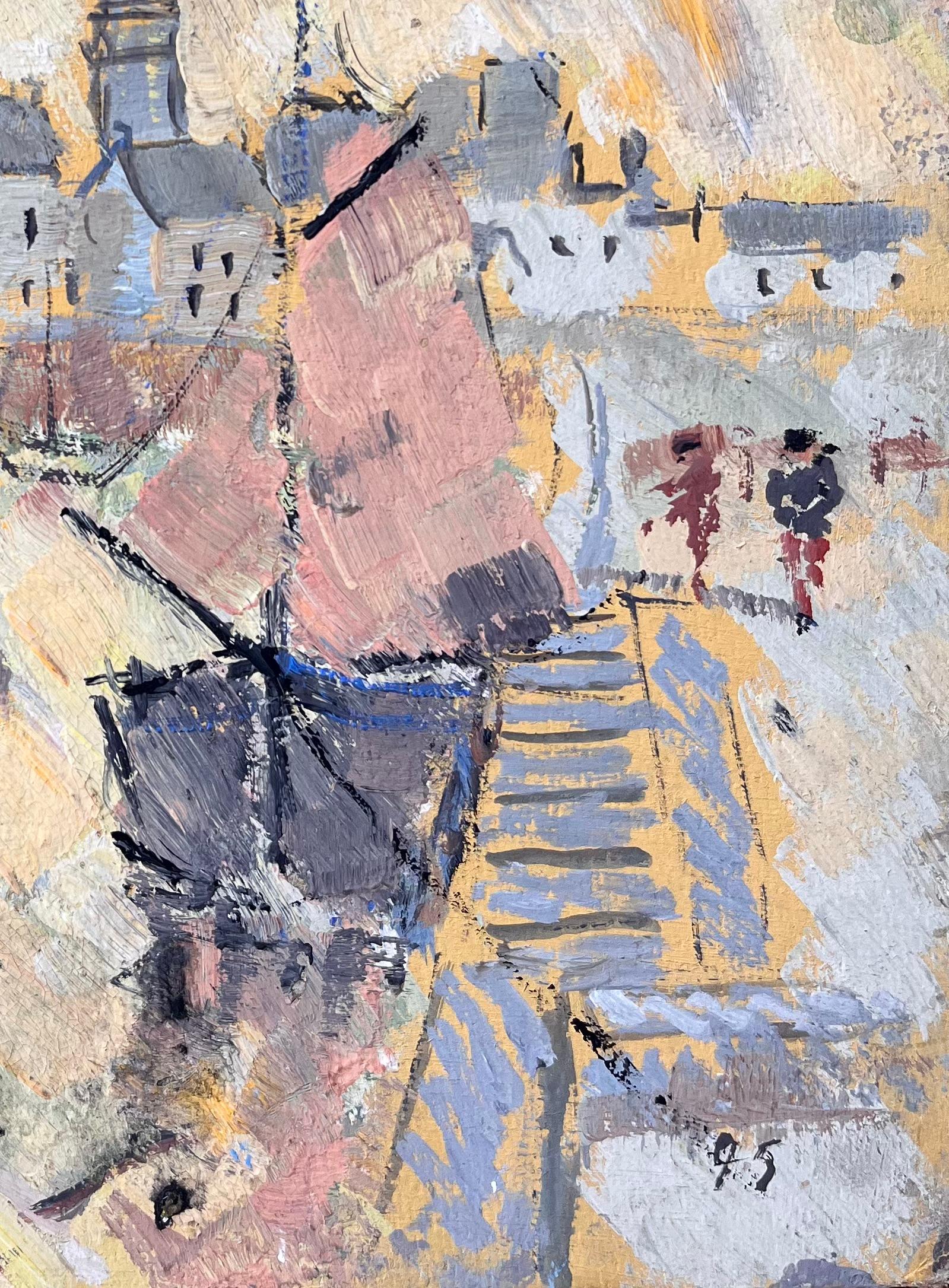 Scène portuaire abstraite française encadrée de bateaux à voile et d'une architecture de Townes classique - Impressionnisme Painting par F.T Roussel