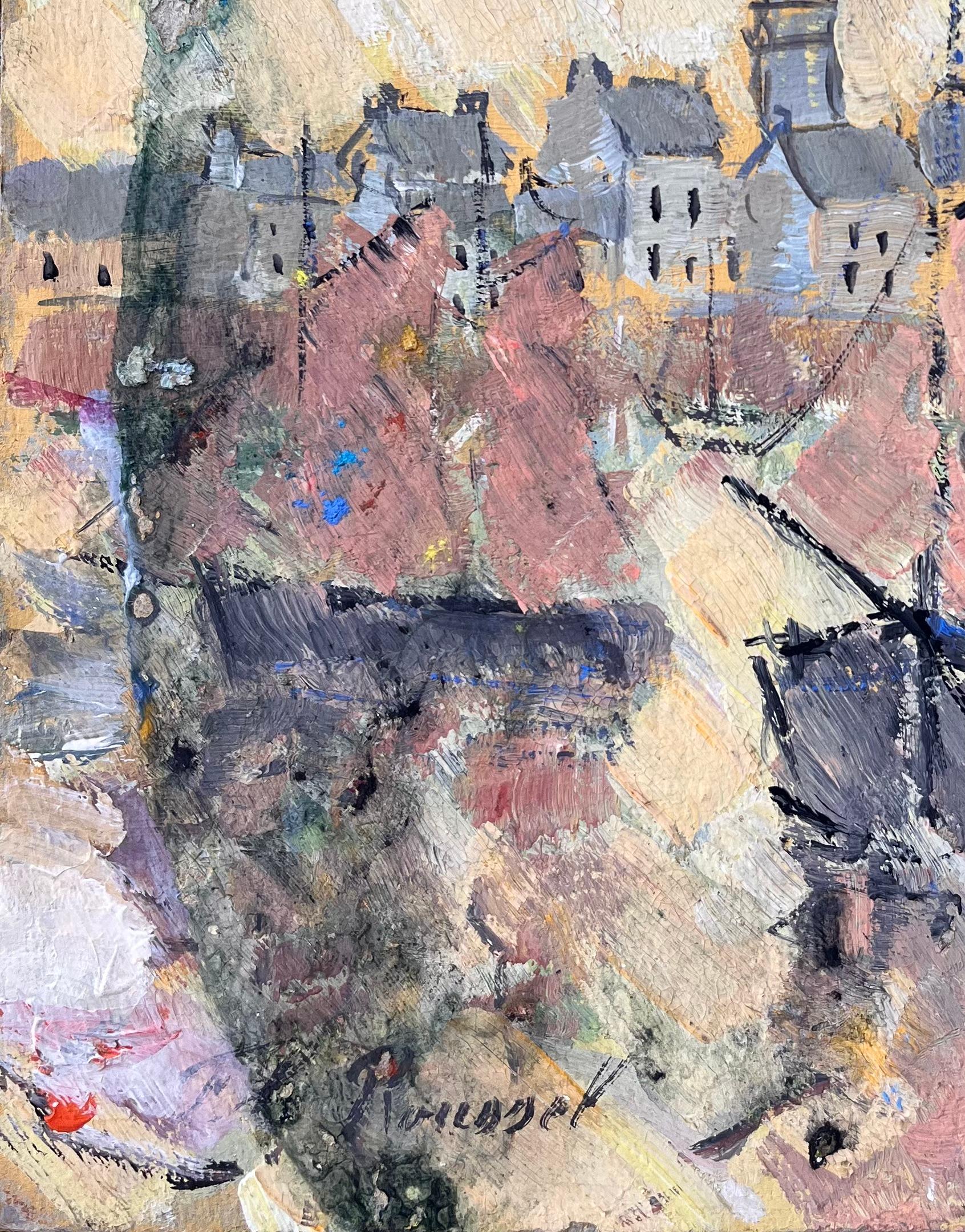 Scène portuaire abstraite française encadrée de bateaux à voile et d'une architecture de Townes classique - Gris Figurative Painting par F.T Roussel