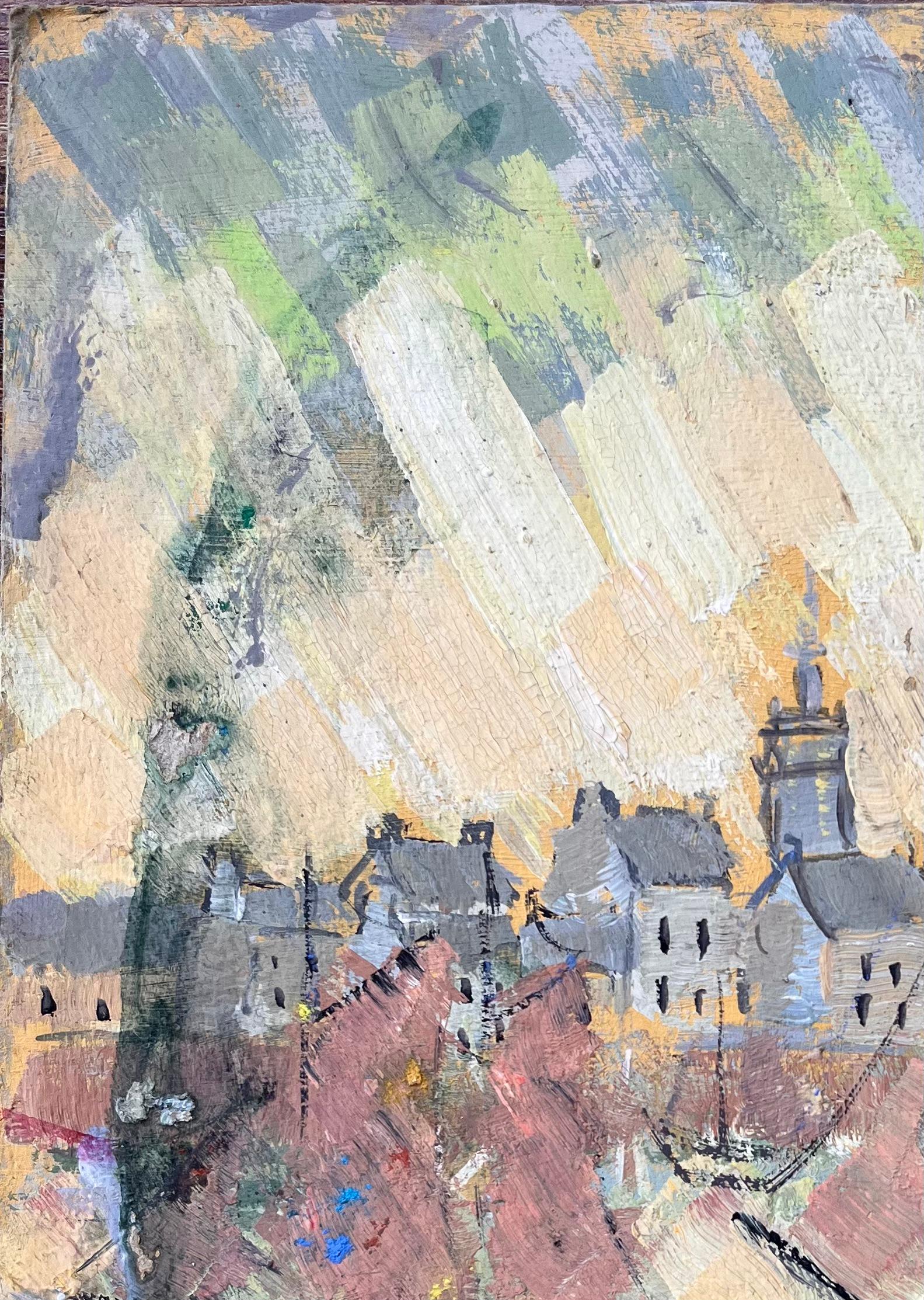 Titre : Scène portuaire abstraite française encadrée par des bateaux à voile et l'architecture classique de la Townes
Par F.T. Roussel
Signé : oui
Taille : 10.75 x 8.75 pouces (hauteur x largeur)
Peinture à l'huile sur carton, non encadrée
Condit :