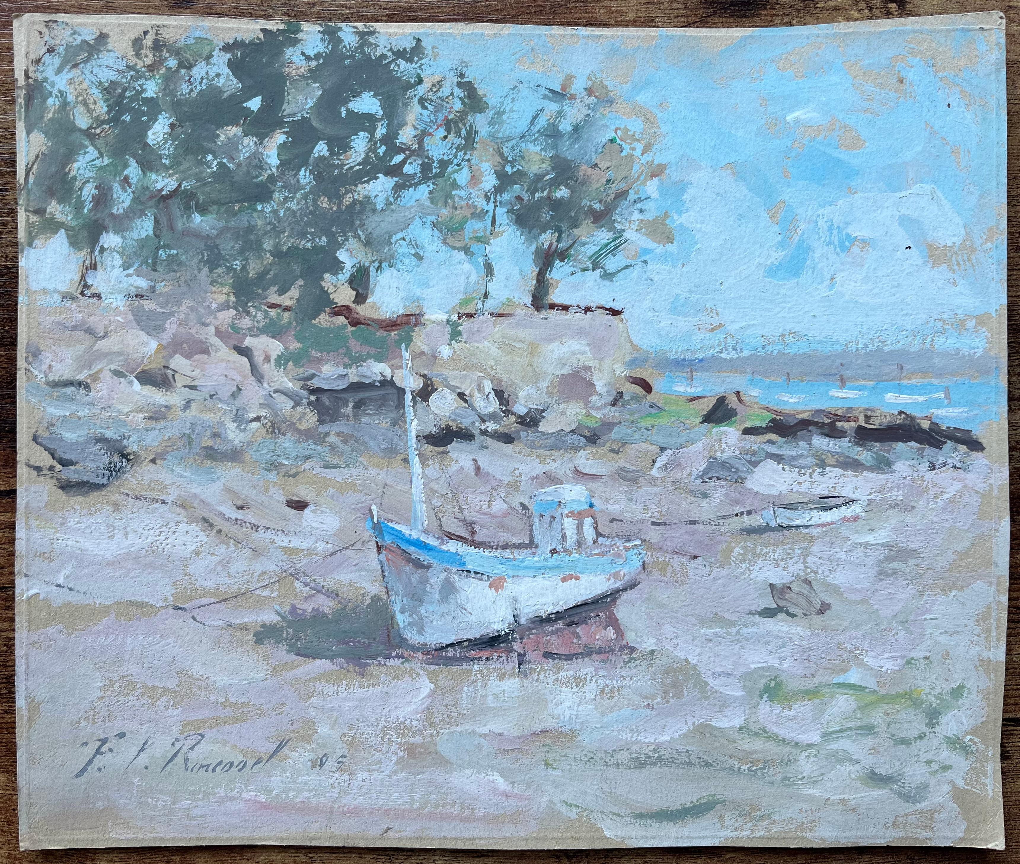 Französische Küstenlandschaft mit Moored Boat und Cliffside-Bäumen – Painting von F.T Roussel