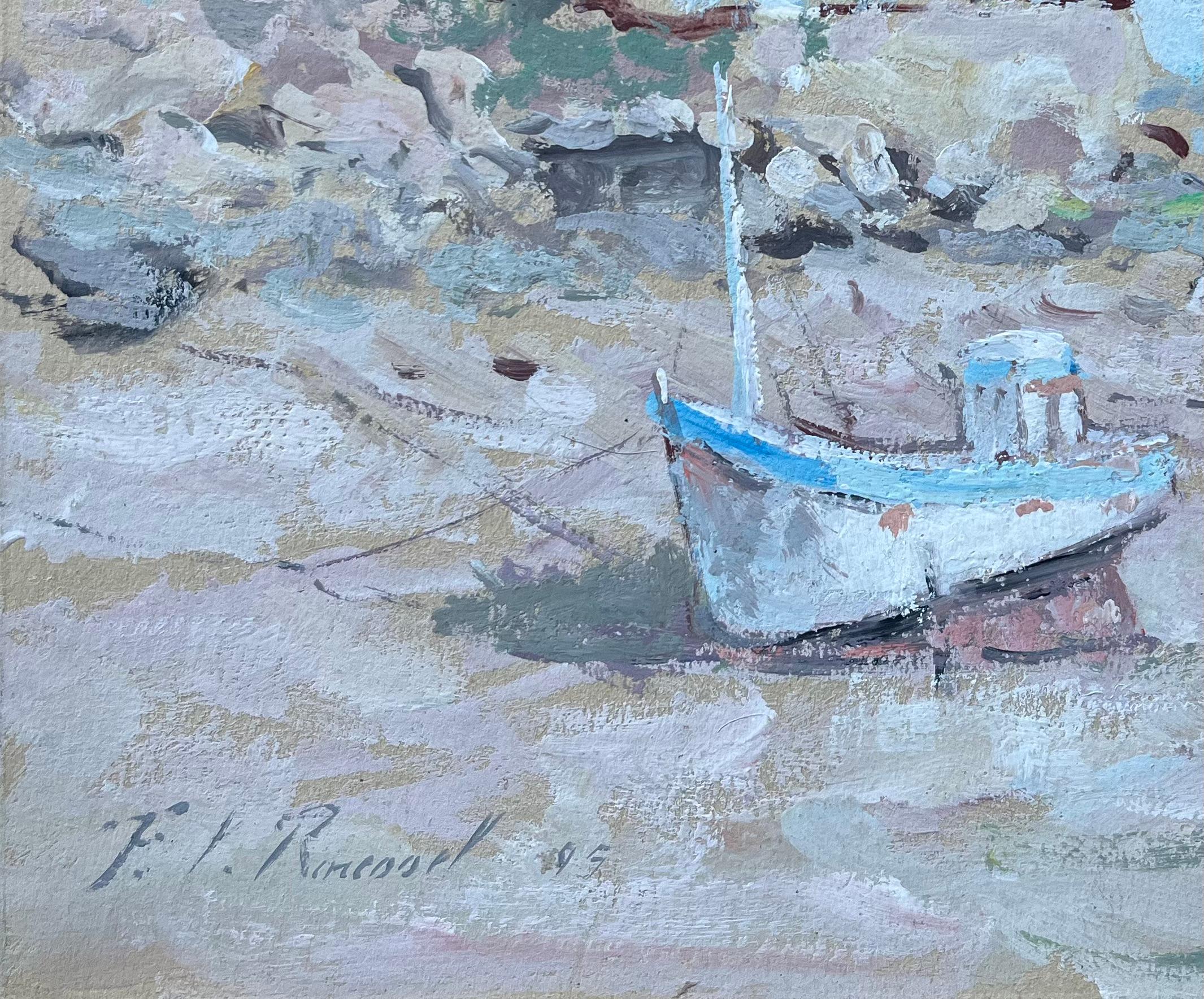 Titel: Französische Küstenlandschaft mit vertäutem Boot und Bäumen an den Klippen
Von F.T. Roussel
Unterzeichnet: ja
Größe: 8,75 x 10,25 Zoll (Höhe x Breite)
Ölgemälde auf Karton, ungerahmt
Zustand: Das Gemälde ist in gutem Zustand mit