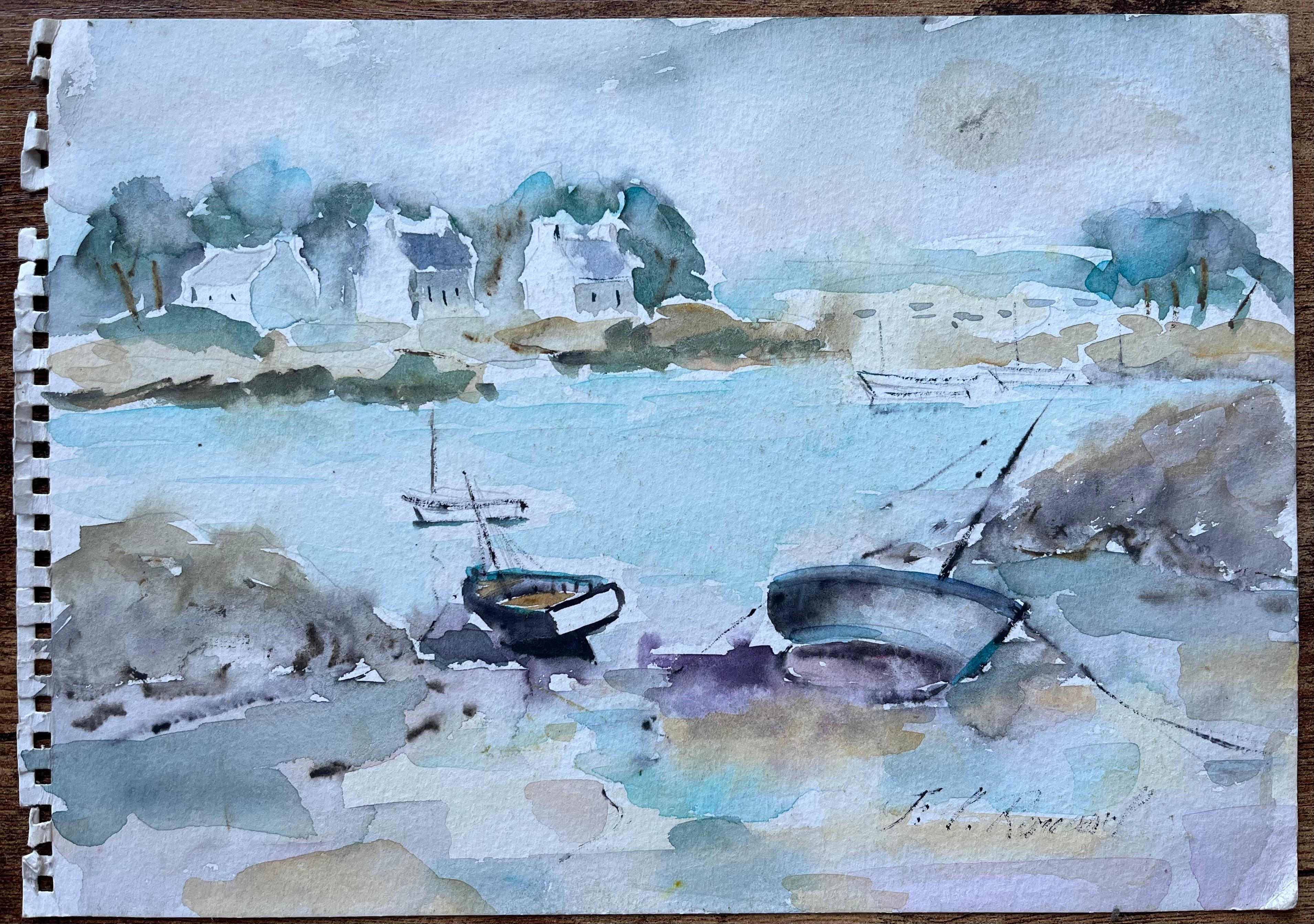 French Coastal Watercolour of Moored Boats and Village Houses - Painting by F.T Roussel