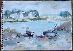 French Coastal Watercolour of Moored Boats and Village Houses
