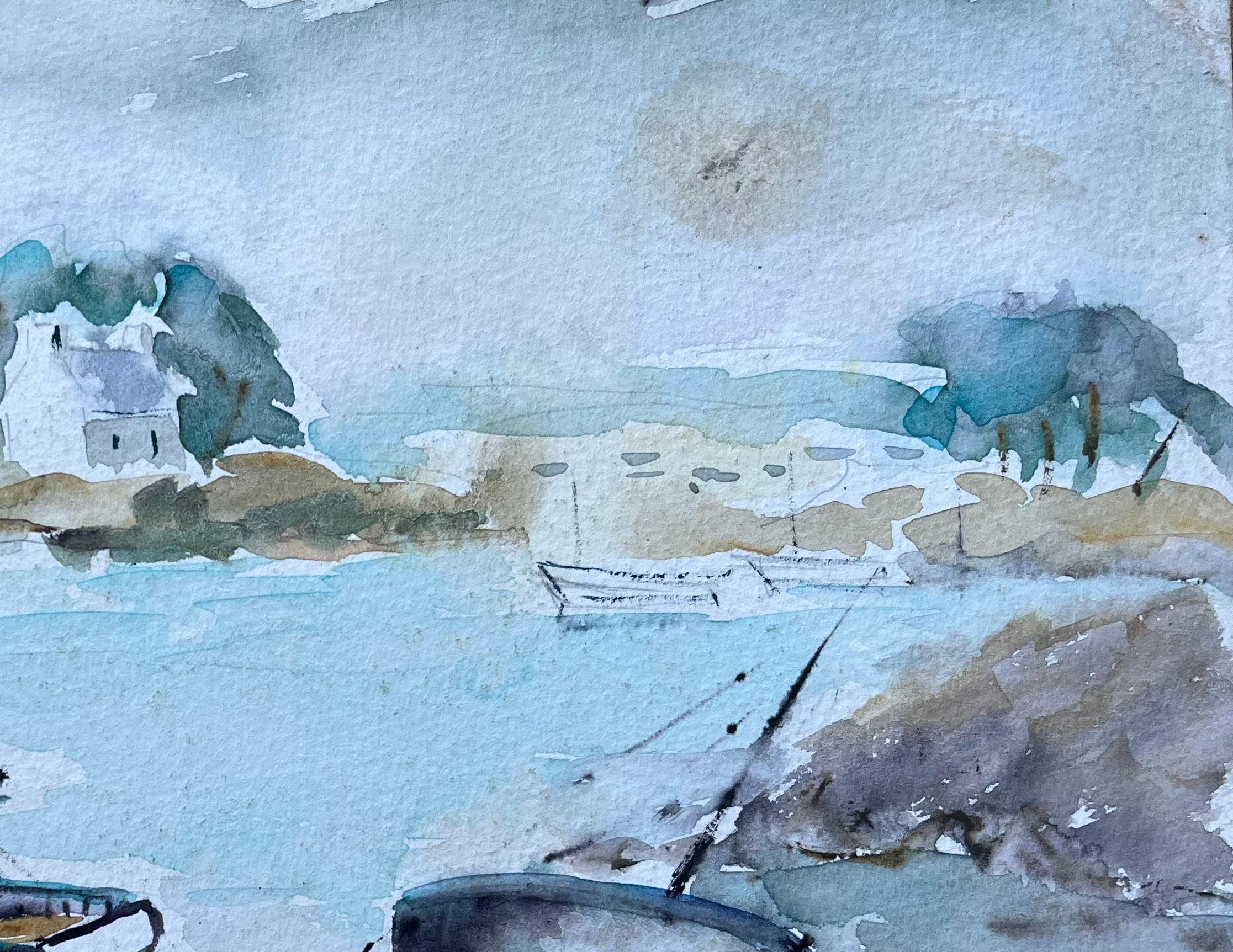 French Coastal Watercolour of Moored Boats and Village Houses - Blue Landscape Painting by F.T Roussel