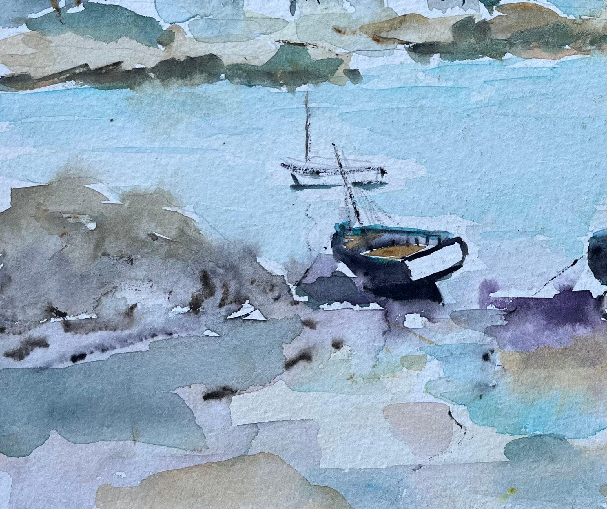 Title: French Coastal Watercolour of Moored Boats and Village Houses
By F.T. Roussel
Size: 8.25 x 11.75 inches (height x width)
Signed: Yes
Watercolor painting on paper, unframed
Condition: The painting is in good condition, with minor signs of
