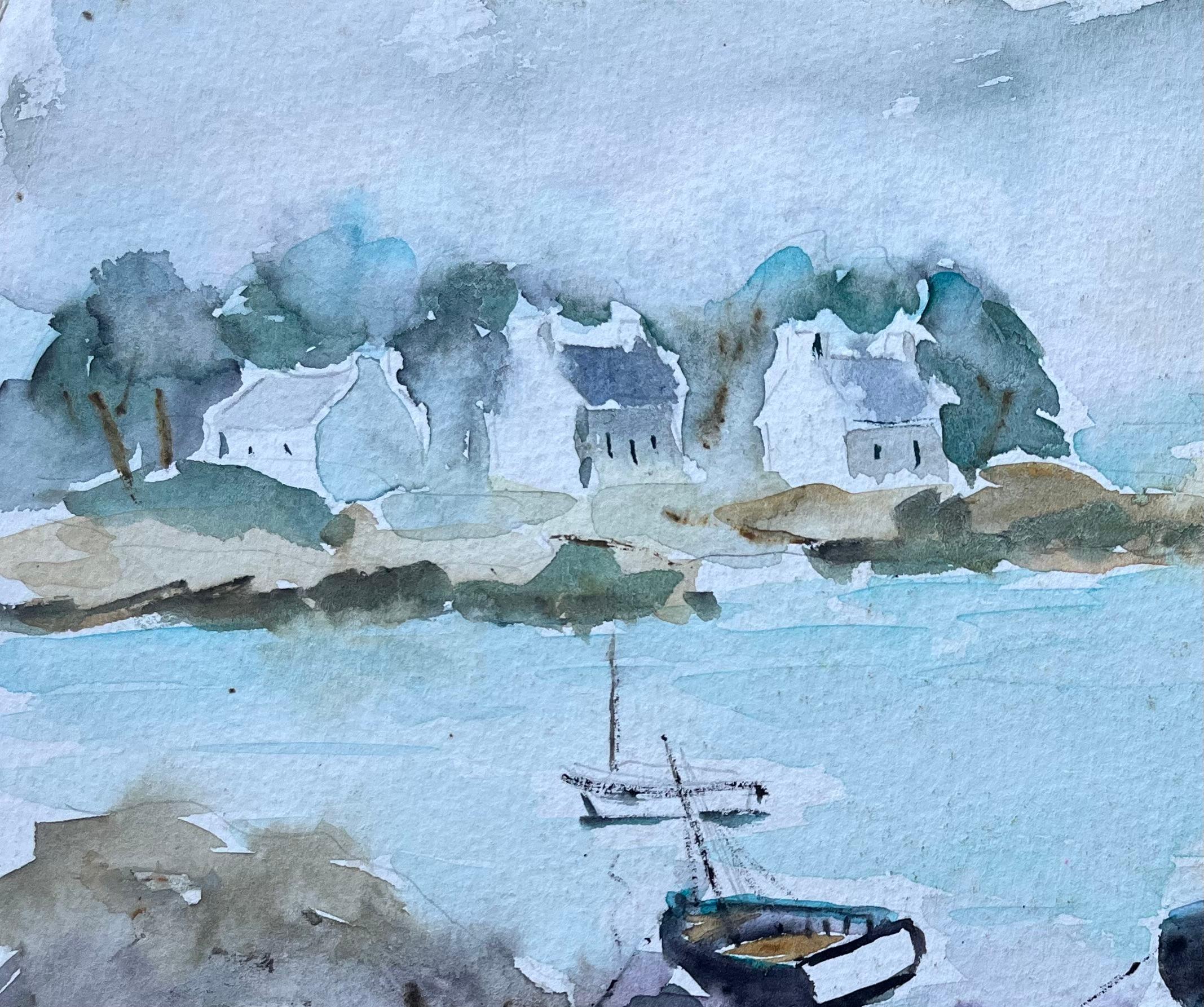 French Coastal Watercolour of Moored Boats and Village Houses For Sale 1