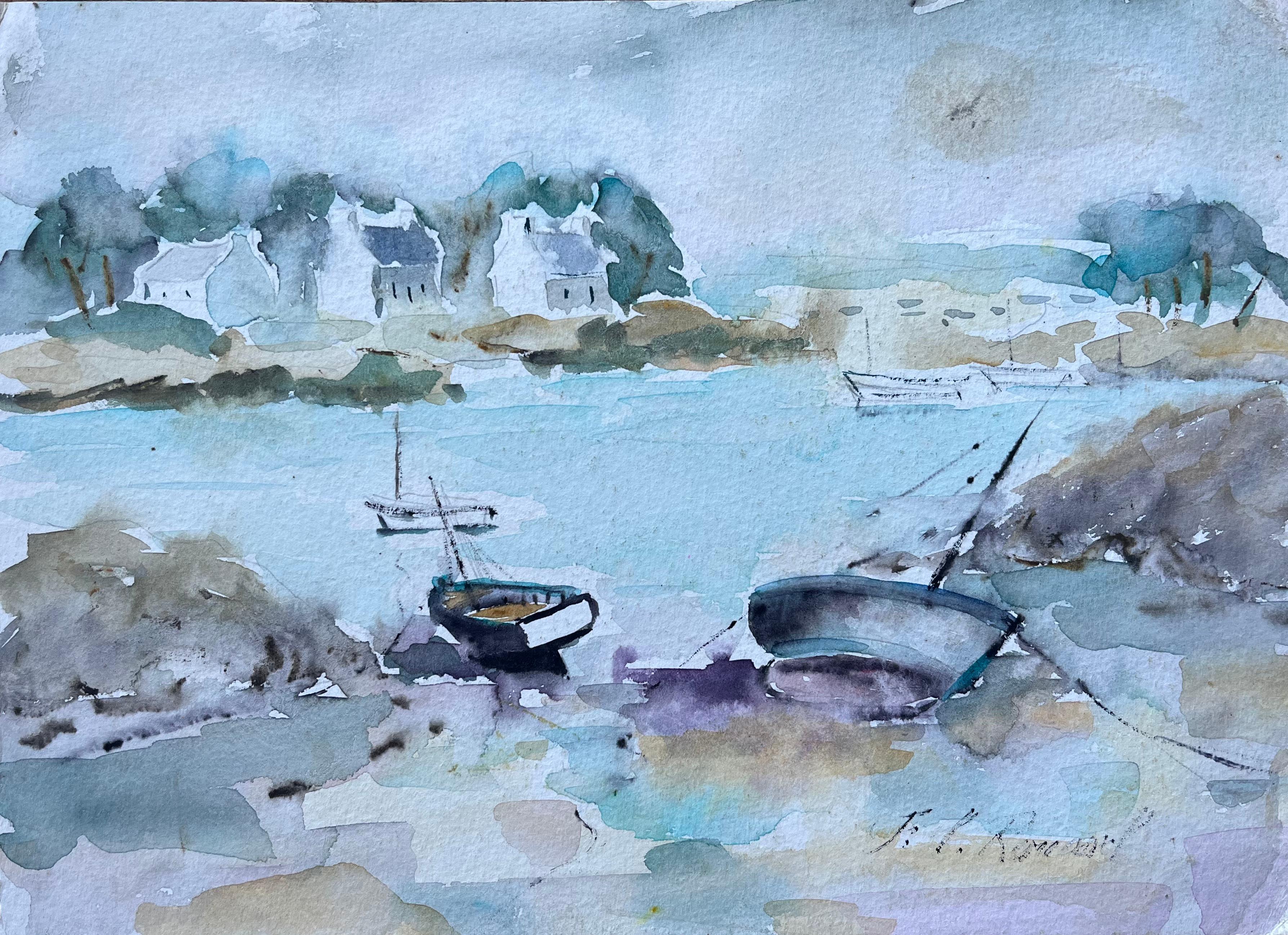 F.T Roussel Landscape Painting - French Coastal Watercolour of Moored Boats and Village Houses