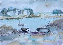 French Coastal Watercolour of Moored Boats and Village Houses