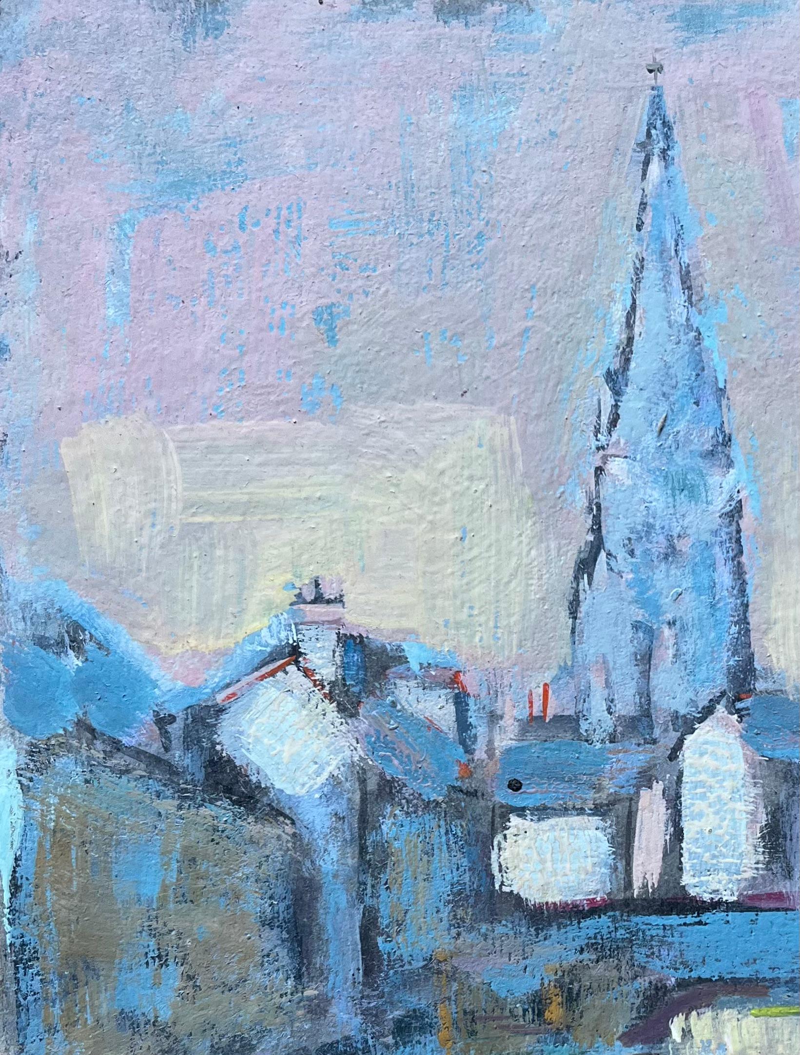 Peinture à l'huile expressionniste française d'une spirale d'église éclairée par l'eau - Impressionnisme Painting par F.T Roussel