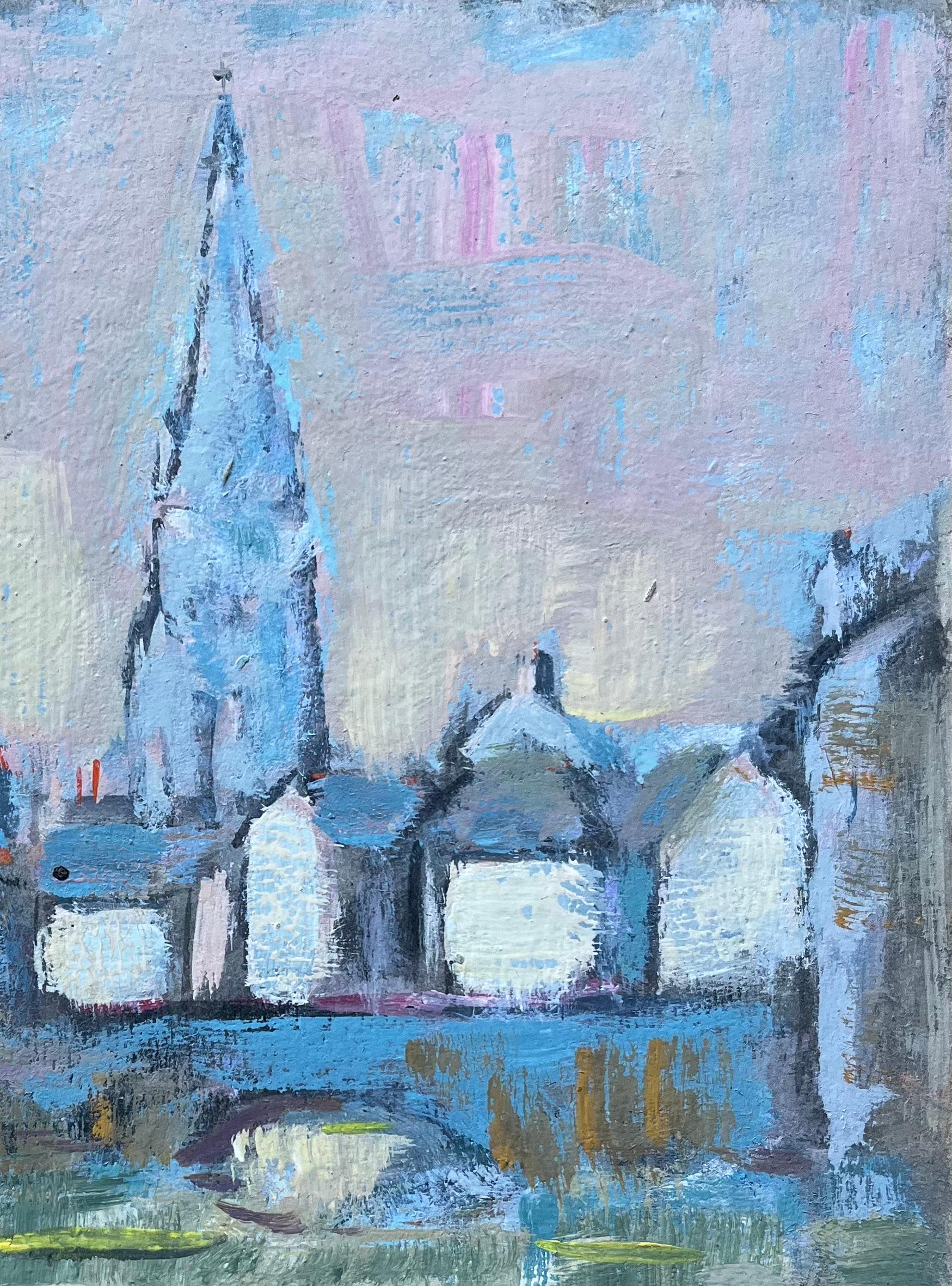 Peinture à l'huile expressionniste française d'une spirale d'église éclairée par l'eau - Bleu Figurative Painting par F.T Roussel