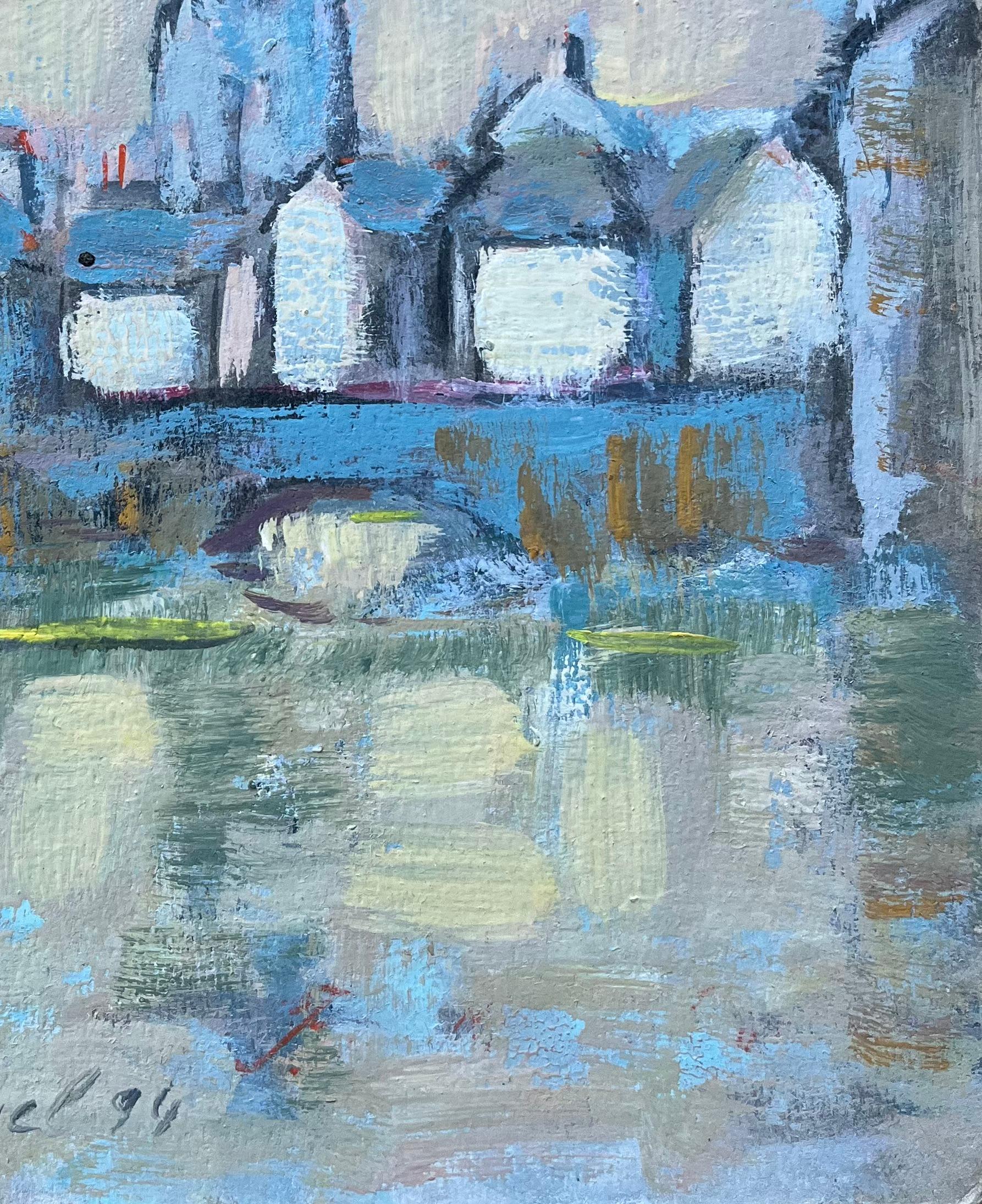 Titre : Peinture à l'huile expressionniste française de la flèche d'une église se reflétant dans l'eau
Par F.T. Roussel
Signé : oui
Taille : 10.75 x 8.5 pouces (hauteur x largeur)
Peinture à l'huile sur carton, non encadrée
Condit : La peinture est