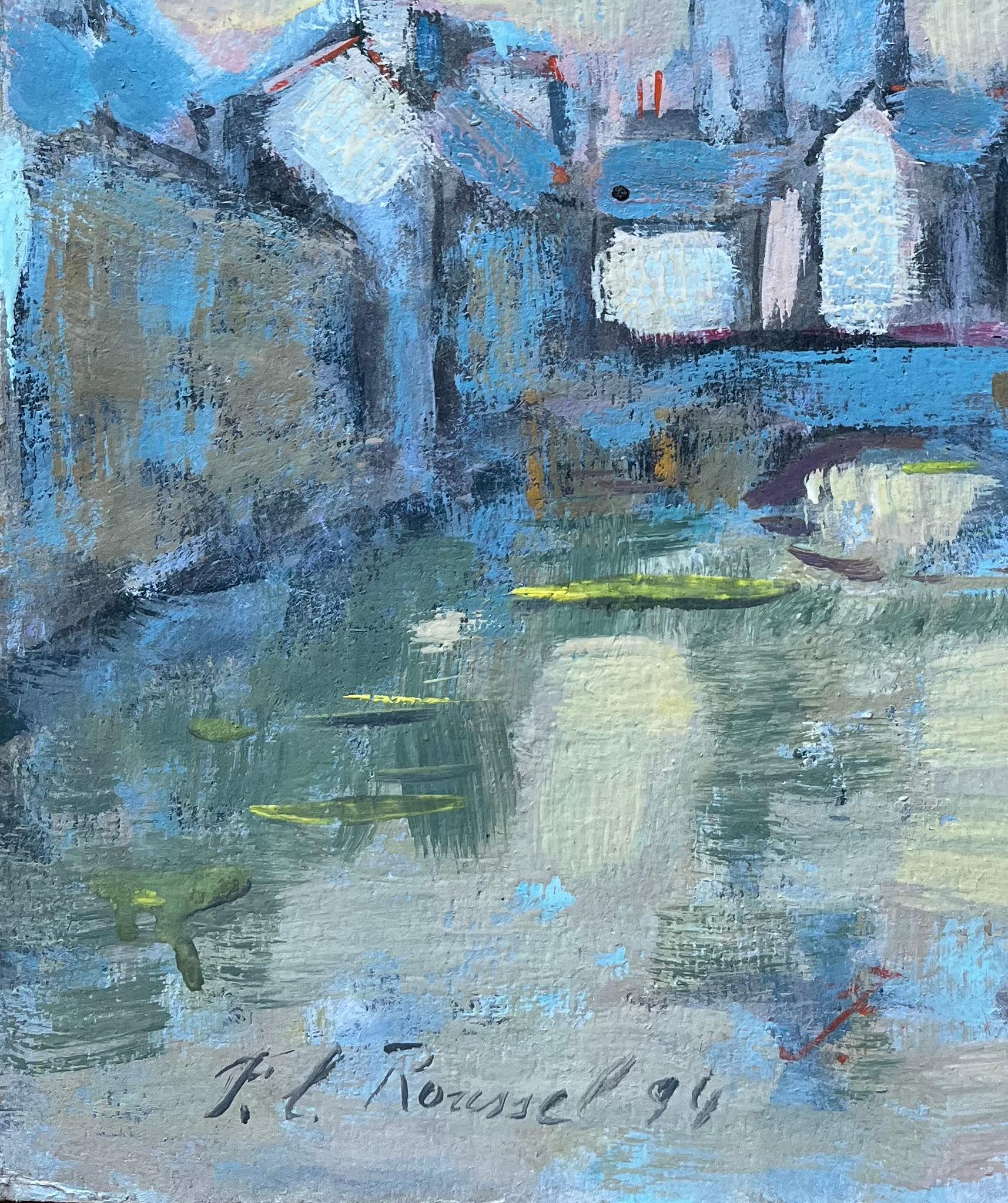 Peinture à l'huile expressionniste française d'une spirale d'église éclairée par l'eau en vente 1