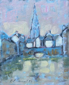 French Expressionist Oil Painting of Church Spire Reflected in Water