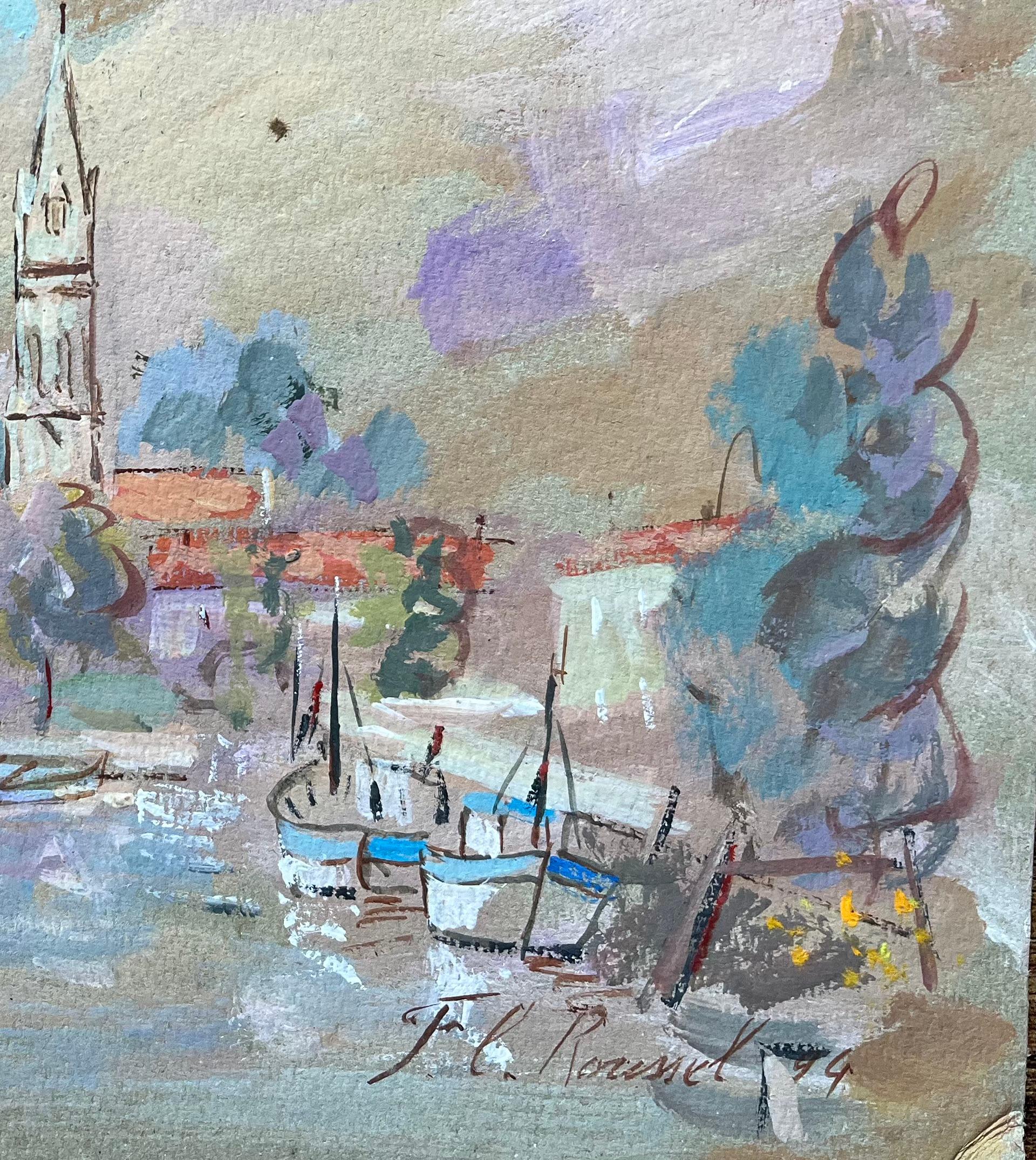 Französische Hafenszene aus La Tremblade mit Kirchenschleife und Booten (Impressionismus), Painting, von F.T Roussel
