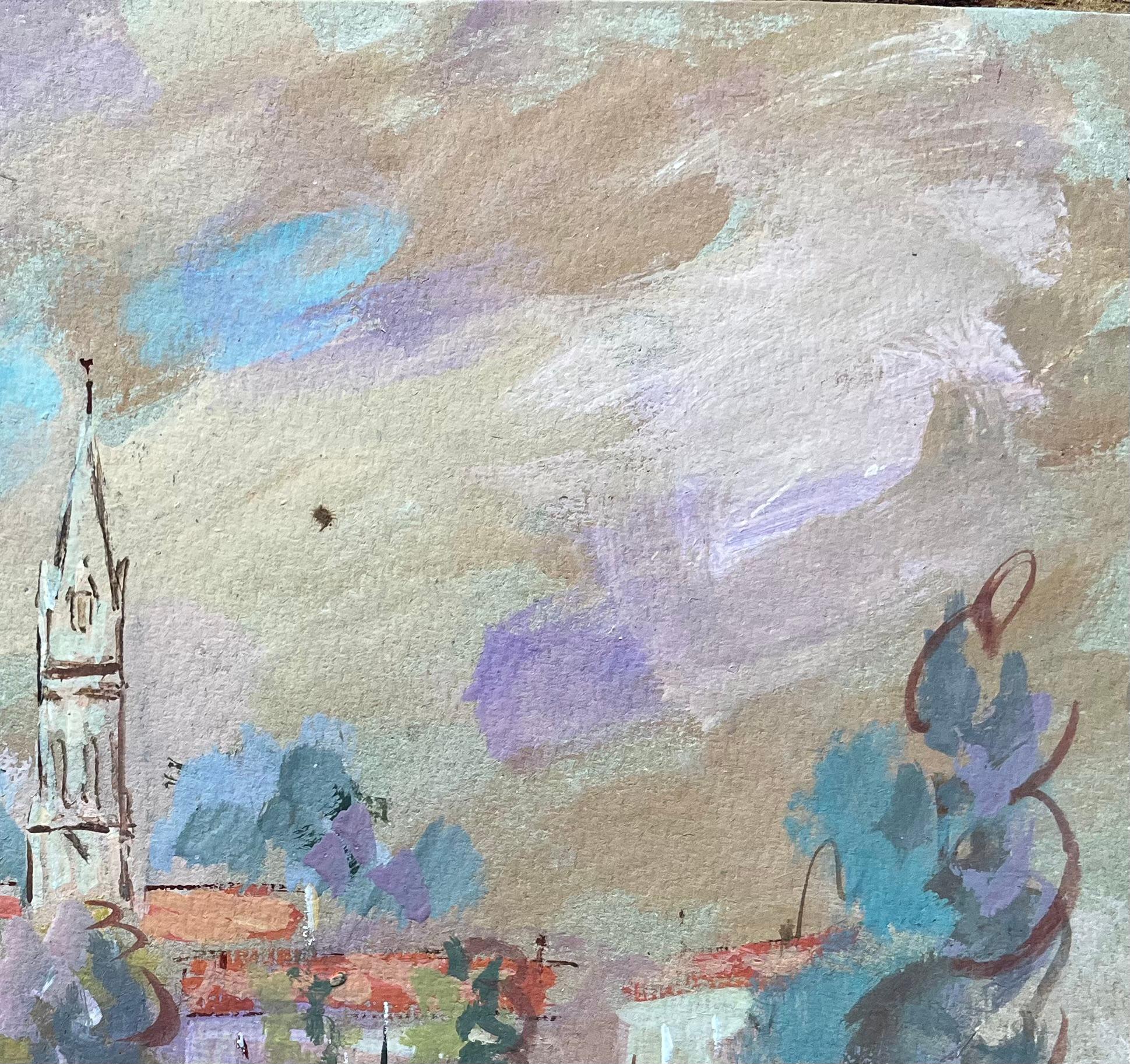 Französische Hafenszene aus La Tremblade mit Kirchenschleife und Booten im Angebot 1