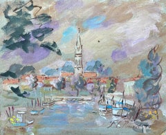 Scena del porto francese di La Tremblade con la guglia della chiesa e le imbarcazioni