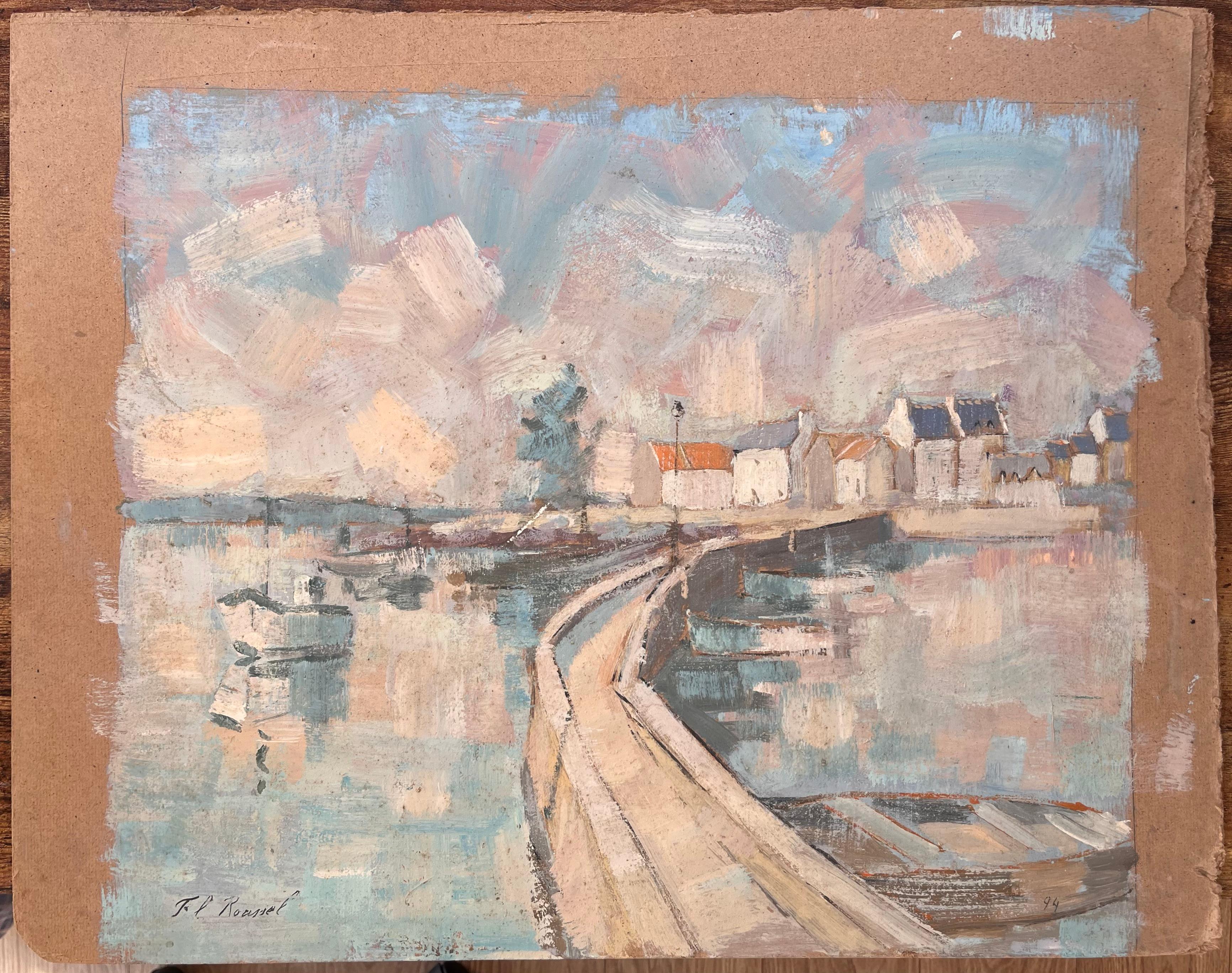 Vue de port impressionniste française avec bateaux et pont incurvé - Painting de F.T Roussel
